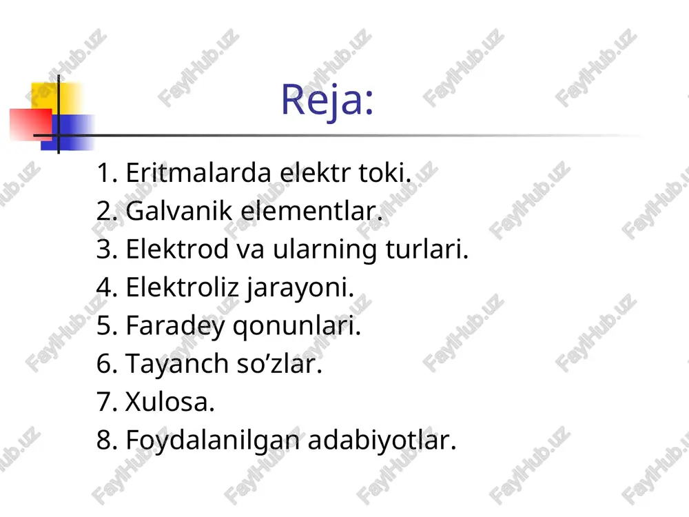 sulfat) eritmasiga tushirilsa, metall-suyuqlik sirtidagi muvozanat siljiydi va yangi potensiallar ayirmasi xosil bo'ladi. oddiy moddalarni kaytaruvchi-oksidlovchi xossasi uzgacha bo'ladi. elektrod potensiallar uchun eritmalardagi oddiy moddalar reaksiyada kristall panjaradagi atomlararo bog'lanishni uzishga sarf bo'lgan energiyani xamda ionlarni eritmaga utishdagi gidratlanish energiyasini xisobga olish kerak. masalan, cu va zn ni d. i. mendeleyevning elementlar davriy sitemasida joylanishiga qarab ionlanish energiyasini kiymati cu =738 va zn =901 kj ga teng. demak, cu elementi zn elementiga qaraganda kuchlirok kaytaruvchilik xususiyatiga ega bo'lishi kerak, lekin su ning kristall panjarasidagi bog'lanish ancha mustaxkam. ximiyaviy reaksiya natijasida elektr energiya xosil qiladigan, ya'ni ximiyaviy energiyani elektr energiyaga aylantiradigan asboblar galvaniq elementlar deyiladi. galvaniq element xosil qilish uchun elektrolit eritmasiga ikki xil metall tushirilib, ularning uchlari tashki zanjir orqali bir-biriga ulanadi. italiya olimi volt mis va rux plastinkalarini sulfat kislotasiga tushirib, ularni o'zaro tutashtirganda elektr toki xosil bo'lishini kuzatadi va bu element keyinchalik volt elementi deb ataladi. bunday galvaniq …