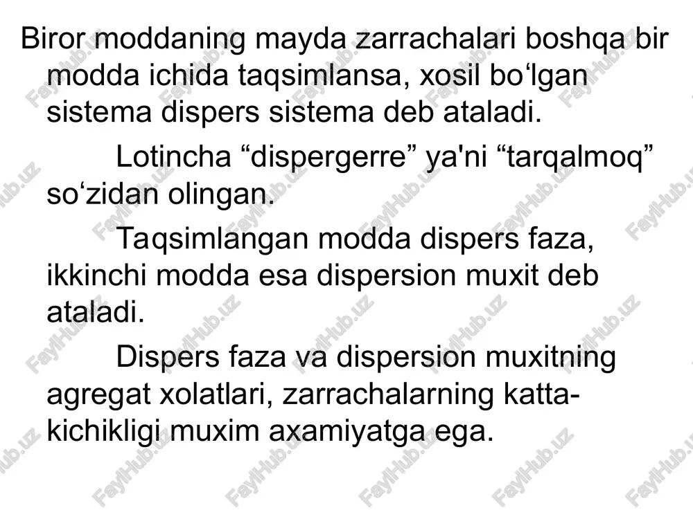 anish boʻlgan latun, bilogik suyuqliklar boʻlgan qon, limfa va boshqalar ularga misol boʻla oladi. nisbiy miqdori keng koʻlamda oʻzgara oluvchi ikki va undan ortiq kompo-nentlardan tashkil topgan qattiq yoki suyuq gomogen faza eritma deyiladi. eritmalar keng tarqalgan boʻlib, atrofimizni oʻrab va bizga hayot bagʻish-lab turgan havo, hammaga tanish boʻlgan latun, biologik suyuqliklar boʻlgan qon, limfa va boshqalar ularga misol boʻla oladi. nisbiy miqdori keng koʻlamda oʻzgara oluvchi ikki va undan ortiq kompo-nentlardan tashkil topgan qattiq yoki suyuq gomogen faza eritma deyiladi. albatta, avval erish jarayoni tez boradi. keyin bu jarayon sekinlashib, teskari jarayon xam tezlasha boshlaydi. ma'lum vaqt utgandan keyin vaqt birligi ichida qattiq moddadan eritmaga oʻtayotgan zarrachalar soni eritmadan qattiq moddaga oʻtayotgan zarrachalar soniga baravarlashadi. moddaning erigan qismi bilan erimay qolgan qismi orasida muvozanat qaror topadi, ya'ni eritma toʻyinadi, erish tezligi choʻkish tezligiga tenglashadi. shunday qilib, erigan qismi bilan erimagan qismi oʻrtasida muvozanat qaror topgan eritma toʻyingan eritma deyiladi. …