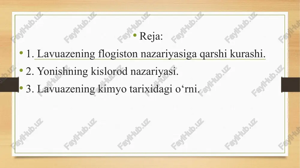 boʻlsa, uni tegishli tarkibiy kismlardan hosil qilinganda aynan oʻshancha issiqlik ajralib chiqadi” lavuazye ilmiy ishlarinipg natijalari uning 1789-yilda nashr qilingan “kimyoning elementar kursi” degan va yangi nuqtai nazar asosida yozilgan genial asarida oʻz aksini topdi. lavuazyening ilmiy yutuqlari flogiston nazariyasiga qarshi kurash (yonish, kuydirish, nafas olish jarayonlarini toʻgʻri tushuntirilishi bu nazariyani puchga chiqardi). kimyoviy elementga va murakkab moddalarga toʻgʻri taʼrif berish, kimyo reformasi – moddalar saqlanish qonunini tajriba yuli bilan isbotlash. lavuazyening hayoti davomida egallagan mansablari 1763-yilda yuridik universitet bakalavr diplomini oladi 1764-yilda huquq litsensiat darajasini oladi 1768-yilda parij fanlar akademiyasiga kimyodan adyukant 1772-yilda fanlar akademiyasining aʼzosi 1775-yilda “porox va selitra ishi boshqaruvchisi” 1778-yilda akademik pensioner 1785-yilda fanlar akademiyasining direktori 1785-yilda ziroatchilik komitetining sekratari 1788-yilda londondagi qirollik jamiyatining aʼzosi shtal tasavvurlariga muvofiq, yonuvchi moddalar flogistonga boydir. yonish jarayonida moddaning tarkibidagi flogiston ajralib chiqadi va yonish jarayoni tugagandan keyin qolgan narsaning tarkibida flogiston bo‘lmaydi va shuning uchun ham yonishda davom eta …