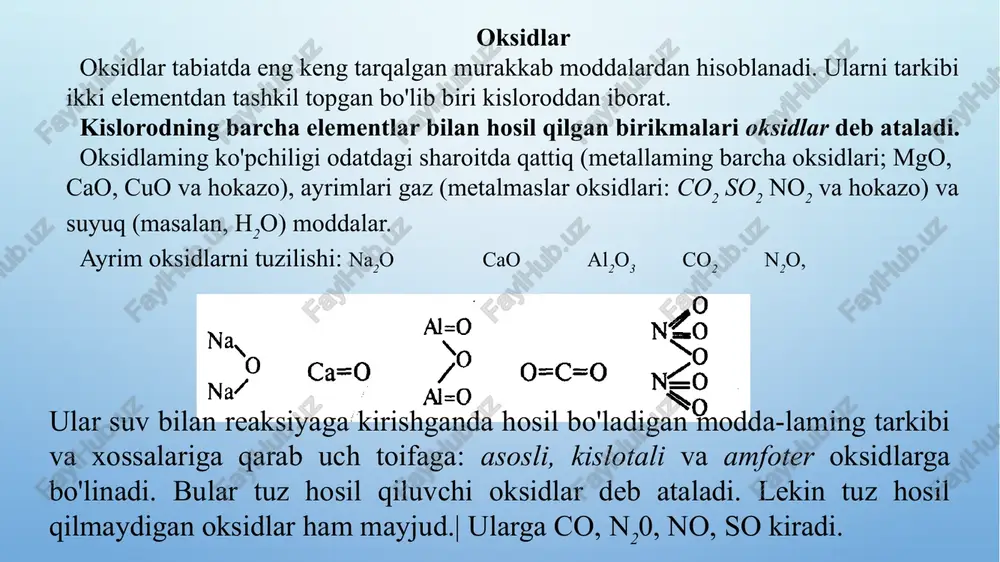 nishidan hosil bo'ladi: cu(oh) 2  cuo+h2o; 2fe(oh) 3  fe2o3+3h2o nomlanishi. metall o'zgarmas valentlikka ega bo'lib, faqat bitta oksid hosil qilsa, oksidning nomi metall nomiga «oksid» so'zi qo'shib hosil qilinadi: na2o — natriy oksid; cao — kalsiy oksid.a agar bir metall ikki yoki undan ortiq oksid hosil qilsa, u taqdirda metallning nomidan keyin rim raqamida qavs icida uning valentligi yozilib, keyin «oksid» so'zi qo'shib aytiladi. feo - temir (ii)-oksid; fe2o3 - temir (iii)-oksid. ayrim asosli oksidlar turmushda qo'llanilishiga qarab ham nomlanadi; cao — so'ndirilmagan ohak; mgo — magneziya. asosli oksidlarning hammasi qattiq moddalar. i kimyoviy xossalari. 1. asosli oksidlarning ayrimlari oddiy sharoitda suv bilan birikib suvda eriydigan asos (ishqor)lami hosil qiladi: k20+h2o=2koh; sao+n2o=sa(on) 2 kaliy gidroksid kalsiy gidroksid 2 kislotalar bilan reaksiyaga kirishganda tuz va suv hosil bo 'ladi: cuo+h2so4=cuso4+h2o; feo+2hcl=fecl2+h20 3. kislotali oksidlar bilan reaksiyaga kirishganda tuz. hosil bo 'ladi: cao+co2=caco3 ishlatilishi. tabiatda uchraydigan asosli oksidlardan temir (feo, …