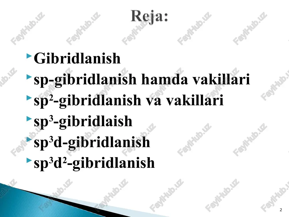 + 1d = 5) sp3d2 1 ta s, 3 ta p va 2 ta d orbitallarning qo’shilishidan hosil bo’lgan gibridlanish. gibridlangan orbitallar soni 6 ta (1s + 3p + 2d = 6) sp2d bunday gibridlanish mavjud emas. * gibridlanishda – taqsimlanmagan juft elektronlar va sigma bog’lar qatnashadi. gibridlanishda s orbitaldan 1 ta, p orbitaldan 3 ta, d orbitaldan 5 ta gibrid orbitallar qatnashadi. orbitallar turi soni 2 sp 2 3 sp2 3 4 sp3 4 5 sp3d 5 6 sp3d2 6 * sp-gibridlanish - 1 ta s va 1 ta p orbitallarning o’zaro qo’shilishidan 2 ta sp (es-pi deb o‘qiladi) gibrid orbitallar hosil qilishiga aytiladi. tarkibida 2 ta qo’sh bog’ va uch bog’ tutgan moddalarning ko’pchiligi shu gibridlanishga kiradi shakli chiziqli, valent burchagi 180o ga teng bo’ladi. * vakillari - c(karbin), ch2=c=ch2, co2, cs2, krf2, becl2, bacl2, c2h2 va uning gomologlari molekulalarining uch bog’li qismi, hcn, zncl2, berilliy birikmalari. * …