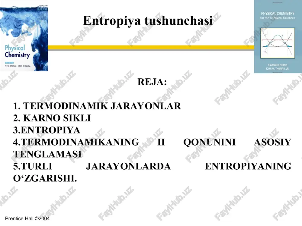 , ularning borishi uchun sistemaga tashqaridan qo‘shimcha energiya berish, ya'ni energiya sarflash kerak bo‘ladi. demak, o‘z-o‘zicha bormaydigan yoki manfiy jarayonlar izolirlangan sistemalarda bora olmaydi…….. o`z-o`zidan sodir bo`lmaydigan jarayonlar–tashqaridan energiya sarflanganda sodir bo`ladigan jarayonlardir. ular notabiiy yoki manfiy jarayonlar deb ham ataladi. prentice hall ©2004 chapter 18 slide * o‘z-o‘zicha bormaydigan jarayonlarning sodir bo‘lishi uchun ular o‘z-o‘zicha boradigan jarayonlar bilan birgalikda olib borilishi kerak. masalan, o‘z-o‘zicha bormaydigan issiqlikning ishga aylanish jarayoni o‘z-o‘zicha sodir bo‘ladigan issiqlikning issiq jismdan sovuq jismga o‘tish jarayoni bilan birgalikda olib boriladi. shunday qilib, o‘z-o‘zicha bormaydigan jarayonlarning borishi uchun kompensatsiya zarur, ya'ni ular o‘z-o‘zicha boradigan jarayonlar bilan birlashtirilishi, tashqaridan energiya sarf qilinishi kerak. chapter 18 prentice hall ©2004 termodinamik qaytar jarayonlar agar jarayonni faqat to‘g‘ri tomonga emas, balki teskari tomonga ham olib borish mumkin bo‘lsa va bu vaqtda faqat sistemagina emas, balki atrofdagi muhit ham o‘zining oldingi holatiga qaytsa, bunday jarayonga termodinamik qaytar jarayon deb ataladi. jarayon termodinamik …
