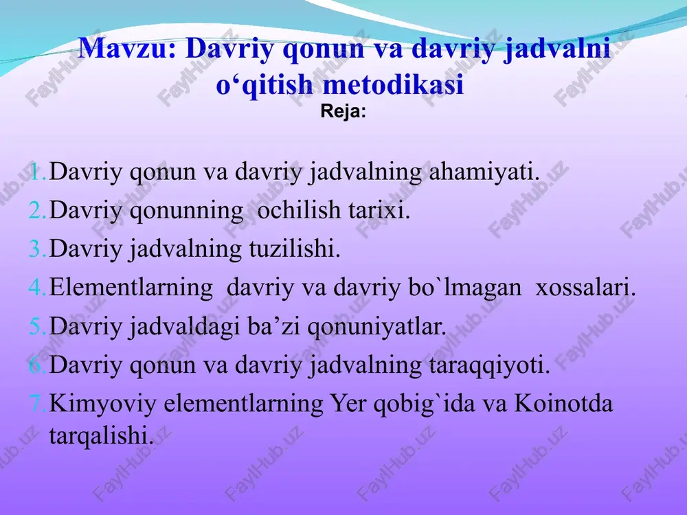a gidroksidlarining formulalari. 3. ularning asos yoki kislotali tabiatga ega bo`lishi. 4. atom radiusi. 5. ionlanish energiyasi va potensiali. 6. ts va tq. 7. rangli birikmalar hosil qilish qobiliyati. 8. elektromanfiylik. 9. elektronga moyillik. * * elementlarning davriy xossalari * * davriy xossalari yuqori oksidi va gidroksidlarining formulalari. ularning asos yoki kislotali tabiatga ega bo`lishi. elementlarning valentligi. elektromanfiylik. rangli birikmalar hosil qilish qobiliyati. ts va tq. ionlanish energiyasi va potensiali atom radiusi. elektronga moyillik. elementlarning davriy bo`lmagan xossalari * * davriy bo`lmagan xossalari yadro zaryadi rentgen nurlari spektr chiziqlarining to`lqin uzunligi atom issiqlik sig`imi atom massasi davriy jadvaldagi ba’zi qonuniyatlar. 1. to`la o`xshash elementlar (v.b.nikrasov)- bunday elementlarda turli xildagi oksidlanish darajasida tashqi elektron pag`onalar bir xil tuzilishga ega bo`ladi. * * 2.birinchi xil chala o`xshash elementlar – bunday element atomlarining elektron konfiguratsiyasi faqat ba’zi oksidlanish darajalaridagina (eng yuqori oksidlanish darajalaridan boshqa hollarda) o`xshash bo`ladi. * * davriy jadvaldagi ba’zi qonuniyatlar. …