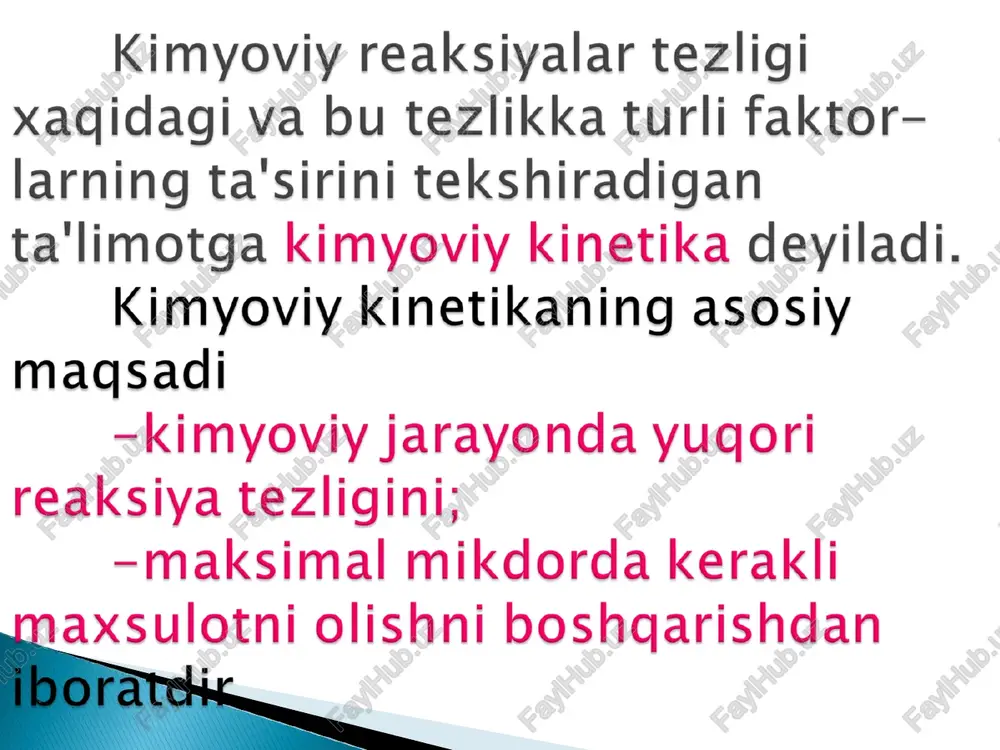 ligiga konsentrasiya ta'sir etishining sababi shundaki, moddalar orasida o'zaro ta'sir bo'lishi uchun reaksiyaga kirushuvchi moddalarning zarrachalari bir-biri bilan tuqnashadi. lekin tuqnashishlarning hammasi ham kimyoviy reaksiyaga olib kelavermaydi. barcha tuknashishlarning oz qismigina reaksiyaga olib keladi. vaqt birligi ichida yuz beradi-gan tuknashishlarning soni o'zaro tuqnashayotgan zarachalarning konsentrasiyalariga proporsional bo'ladi. bu son qanchalik katta bulsa, moddalar orasidagi o'zaro ta'sir shunchalik kuchli bo'ladi. ya'ni kimyoviy reaksiya shunchalik tez boradi. kimyoviy reaksiyaning tezligi reaksiyaga kirishayotgan mod-dalarning konsentrasiyalari ko'paytmasiga tug‘ri proporsionaldir. kimyo uchun nixoyatda muxim bo'lgan bu qoida 1867 yilda norvegiyalik ikkita olim guldberg xam vaage tomonidan taklif etilgan bo'lib, massalar ta'siri qonuni deyiladi. bu qonunga muvofiq a+b = c reaksiyasi uchun v=k.[a] [b] bo'ladi. bu yerda v- reaksiyaning tezligi (kuzatilgan tezlik), [a] va [b] reaksiyaga kirishayotgan a va b moddalarning mol/l bilan ifodalangan konsentrasiyasi. k - tezlik konstantasi. agar a=b=1 bulsa, v=k bo'ladi. demak, k- reaksiyaga kirishayot-gan moddalarning konsentrasiyalari birga teng bo'lgandagi tezlik, ya'ni solishtirma …