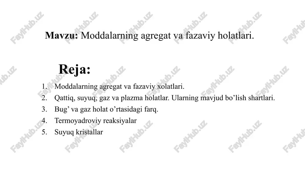 ashmaning suyuqlanish harorati eng oson suyuqlanadigan moddalarnikidan ham bir necha gradusga pastga siljishi mumkin. bazi bir moddalar bir necha xil kristall panjara hosil qiladi. bu hodisa polimorfizm deyiladi. polimorf kristallar o’zaro turli suyuqlanish haroratiga ega bo’ladi. kristallardagi molekulalararo ta’sir kristall panjaraning barqarorligini taminlaydi. kristall panjaradagi molekulalar muzlagan holatda bo’lib ichki molekulyar aylanish sodir bo’la olmaydi. qaynash harorati shunday haroratki, bunda suyuqlikning to’yingan bug’ bosimi tashqi bosimiga teng bo’ladi. suvning uchlamchi nuqtasini bir vaqtning o’zida muzning, xam bug’lanishi, xam suyuqlanishi va suyuq suvning qaynash harorati deyish mumkin. chunki bir nuqtada suyuq – bug’ – muz bo’lakchalari o’zaro termodinamik muvozanatda bo’ladi. suyuq gaz qattiq suyuq holat. bu oraliq holatdir. past temperaturalarda ya’ni suyuqlanish temperaturasiga yaqin hollarda suyuqliklarning xossalari qattiq holat xossalariga yaqin bo`ladi (tartiblilik, zichlik, elektr o`tkazuvchanlik, siqiluvchanlik). qattiq holatdan suyuq holatga o’tadigan haroratga suyuqlanish harorati deyiladi. u toza modda uchun qatiydir. suyuqlanishda modda hajmi deyarli o’zgarmaydi, demak, bu holat tashqi bosimga …