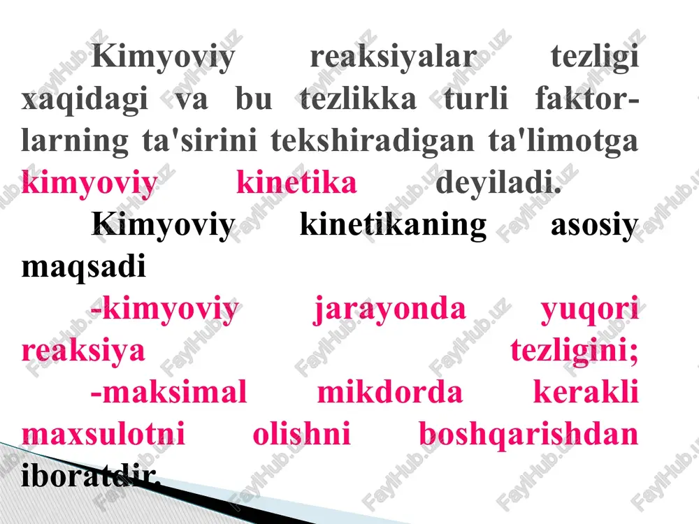 zlar aralash-masi, tuz yoki kand eritmasi (umuman eritmalar) kiradi. fizikaviy yoki kimyoviy xossalari jixatidan o'zaro farq qiladigan va bir-biridan chegara sirtlar bilan ajralgan ikki yoki bir necha qismlardan tuzilgan sistema geterogen (kup jinsli) sistema deb ataladi. geterogen sistemalarning boshqa qismlaridan chegara sirtlar bilan ajralgan gomogen qismi faza deb ataladi. demak, gomogen sistema bir fazadan, geterogen sistema esa bir necha fazadan iborat ekan. reaksiya tezligiga reaksiyaga kirishayotgan moddalarning konsen-trasiyalari katta ta'sir kursatadi. reaksiya tezligiga konsentrasiya ta'sir etishining sababi shundaki, moddalar orasida o'zaro ta'sir bo'lishi uchun reaksiyaga kirushuvchi moddalarning zarrachalari bir-biri bilan tuqnashadi. lekin tuqnashishlarning hammasi ham kimyoviy reaksiyaga olib kelavermaydi. barcha tuknashishlarning oz qismigina reaksiyaga olib keladi. vaqt birligi ichida yuz beradi-gan tuknashishlarning soni o'zaro tuqnashayotgan zarachalarning konsentrasiyalariga proporsional bo'ladi. bu son qanchalik katta bulsa, moddalar orasidagi o'zaro ta'sir shunchalik kuchli bo'ladi. ya'ni kimyoviy reaksiya shunchalik tez boradi. kimyoviy reaksiyaning tezligi reaksiyaga kirishayotgan mod-dalarning konsentrasiyalari ko'paytmasiga tug‘ri proporsionaldir. kimyo uchun nixoyatda …