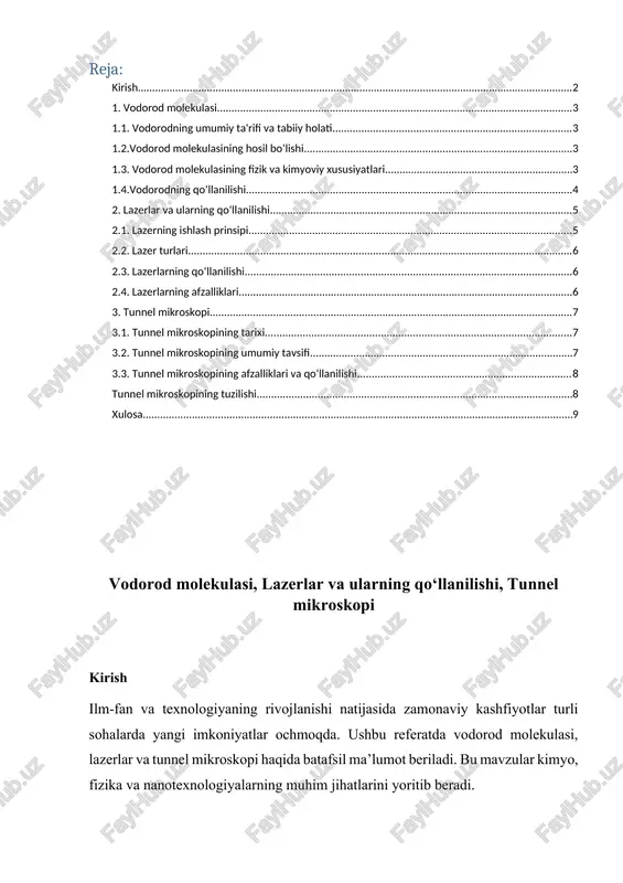 buning natijasida molekulada ikki atom umumiy valent elektronlarni ishlatadi. bu bog‘ kuchli bo‘lib, vodorod molekulasining termodinamik barqarorligini ta’minlaydi. · molekula geometriyasi: chiziqli. · bog‘ uzunligi: 0,74 å. · bog‘ energiyasi: taxminan 436 kj/mol. 1.3. vodorod molekulasining fizik va kimyoviy xususiyatlari vodorod molekulasi (h₂) — kimyoviy jihatdan juda faoldir va ko‘p reaktsiyalarni amalga oshiradi. · gaz holati: vodorod odatda rangsiz, hidsiz va juda yengil gaz sifatida mavjud. · yuqori yonuvchanlik: vodorod havo bilan aralashganda o‘ta portlovchi xususiyatga ega. bu, uning energiya ishlab chiqarish va raketa dvigatellari uchun ishlatilishida muhim afzallik hisoblanadi. · issiqlik va elektr o‘tkazuvchanligi: vodorod yaxshi elektr o‘tkazuvchi emas, ammo yuqori haroratlarda kimyoviy reaktsiyalarda samarali ishtirok etadi. 1.4.vodorodning qo‘llanilishi 1. energetika: vodoroddan foydalanib, yoqilg‘i elementlari orqali energiya ishlab chiqariladi. masalan, nasa kosmik kemalarida suyuq vodorod yoqilg‘i sifatida ishlatiladi. 2. kimyo sanoati: ammiak ishlab chiqarishda (haber-bosch jarayoni), metanol sintezida va organik birikmalar ishlab chiqarishda ishlatiladi. 3. sanoat: metallurgiyada kislorod bilan …