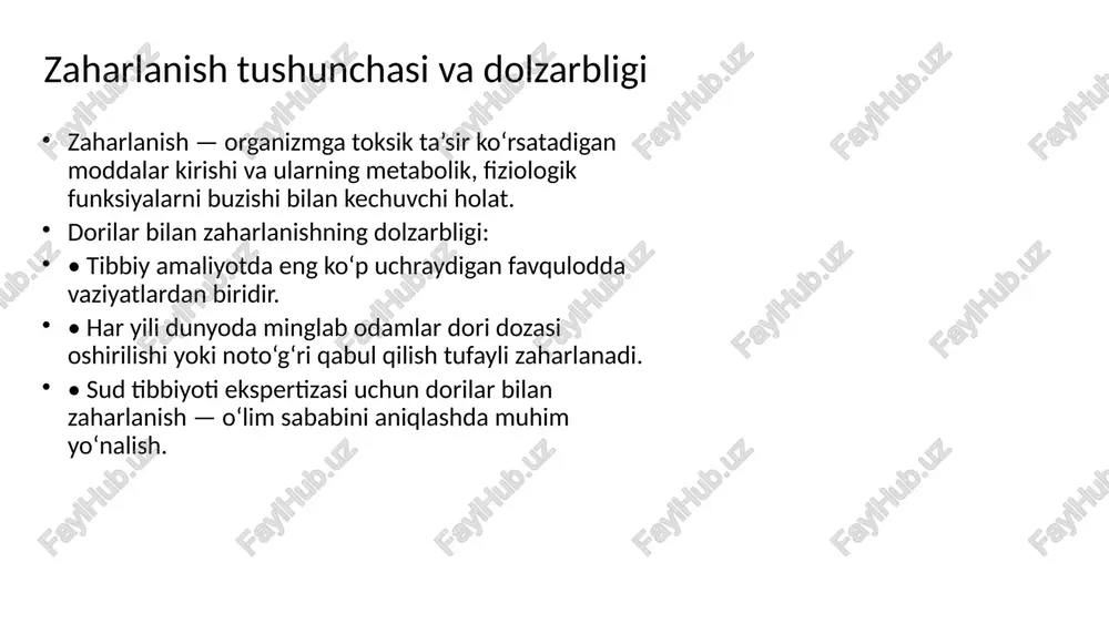 r, barbituratlar – markaziy asab tizimi depressiyasi. • **yurak glikozidlari va antiaritmiklar**: digoksin, amiodaron – yurak ritmini buzadi. • **antibiotiklar va kimyoterapevtik vositalar**: allergik reaksiyalar va buyrak shikastlanishlari. • **antidepressantlar va psixotrop dorilar**: serotonin sindromi va hushdan ketish holatlari. klinik belgilari va tashxislash dorilar bilan zaharlanishning klinik belgilariga quyidagilar kiradi: • ko‘ngil aynishi, qayt qilish, ich ketishi. • bosh aylanishi, uyquchanlik, hushdan ketish. • nafas buzilishi, yurak urishining sekinlashuvi yoki tezlashuvi. • teri rangining o‘zgarishi, terlash, tirishishlar. tashxislash usullari: • anamnez yig‘ish – qaysi dori, qancha va qachon qabul qilingan. • fizikal tekshiruv va laborator analizlar (qon va siydik tahlillari). • toksikologik ekspertiza – qonda va to‘qimalarda dorilarni aniqlash. birinchi yordam • jabrlanuvchini xavfsiz joyga olib chiqish va tez yordam chaqirish. • dorining nomi, dozasini aniqlash va shifokorga yetkazish. • qayt qilishni chaqirish (faqat ba’zi hollarda va shifokor ko‘rsatmasi bilan). • adsorbentlar, masalan, faol ko‘mir berish. • ko‘proq suyuqlik ichirish …