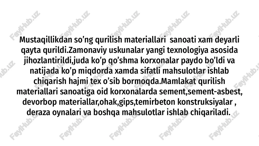 grenda bezakbop oq sement ishlab chiqariladi. 2023-yilda mamlakatimizda qurilish materiallari ishlab chiqarish, eksport-import ko‘rsatkichlari, investitsiya loyihalari haqida to‘liq ma’lumot berildi. ta’kidlanishicha, 2023-yil i-choragida qurilish materiallari sohasida jami 5,1 trln so‘mlik mahsulotlar ishlab chiqarilib, o‘sish 104,7 foizni tashkil etgan. jumladan, o‘tgan hisobot yilida 2,5 mln tonna sement, 7,6 mln kv m qurilish oynasi, 13,0 mln kv m gipsokarton, 6,4 mln kv m keramik plitka, 400 ming o‘ram gulqog‘oz kabi qurilish materiallari ishlab chiqarildi. shuningdek, 2023-yil i-choragida uyushma tarkibidagi korxonalar tomonidan jami 2 trln 158,7 mlrd so‘mlik sanoat mahsulotlari ishlab chiqarilib, o‘tgan yilga nisbatan o‘sish 100,3 foizni tashkil etdi. vazirlar mahkamasining 2023-yil 23-fevraldagi № 74-f-sonli farmoyishi bilan 2023 yilda sement ishlab chiqarish va iste’mol qilish balansining parametrlari tasdiqlangan bo‘lib, unga ko‘ra joriy yilda 17,0 mln tonna sement ishlab chiqarish va shundan 7,6 mln tonnasini birja savdolari orqali sotish belgilangan. joriy yilning birinchi choragida jami 2,5 mln tonna sement ishlab chiqarilgan. ushbu davrda …