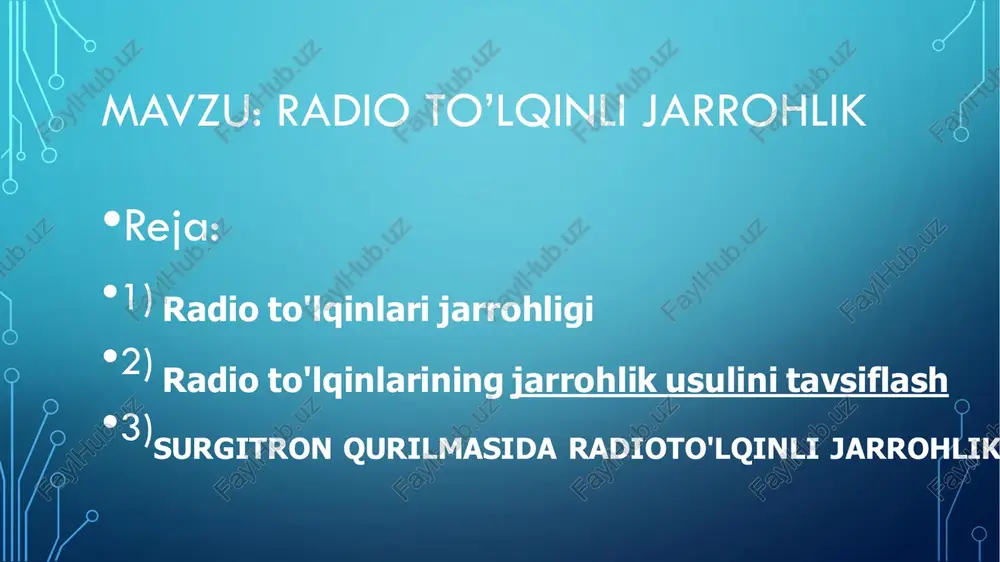 surunkali gepatit; dekompensatsiyalangan diabet kasalligi otorinolaringologiyada radioto'lqinli jarrohlik •surgitron - bu yuqori chastotali radio to'lqinlar yordamida benlar va siğillar kabi terining yaxshi xulqli shikastlanishlarini olib tashlash uchun mo'ljallangan apparat. ushbu texnologiya shuningdek, siğillarni, papillomalarni, dermafibromalarni, granulomalarni va boshqa turdagi neoplazmalarni olib tashlashga imkon beradi. bunday tartibni amalga oshirish uchun skalpel yoki tikuv kerak emas • surgitron apparati yordamida kasalliklarni davolashning afzalliklari : atravmatik kesma: termal shikastlanish darajasi an'anaviy elektrojarrohlik ta'siriga nisbatan 10 baravar va ko'pgina lazerlarga qaraganda 2- 3 baravar kamroq; qon yo'qotilishining kamayishi: kesilgandan keyin yarada qon pıhtılarının yo'qligi; pastki to'qimalarning minimal nobud bo'lishi: jarrohlik yarasi va pastki to'qimalarda minimal nekroz; operatsiyadan keyingi yaralarni davolash jarayonini tezlashtirish •e’tiboringiz uchun rahmat!