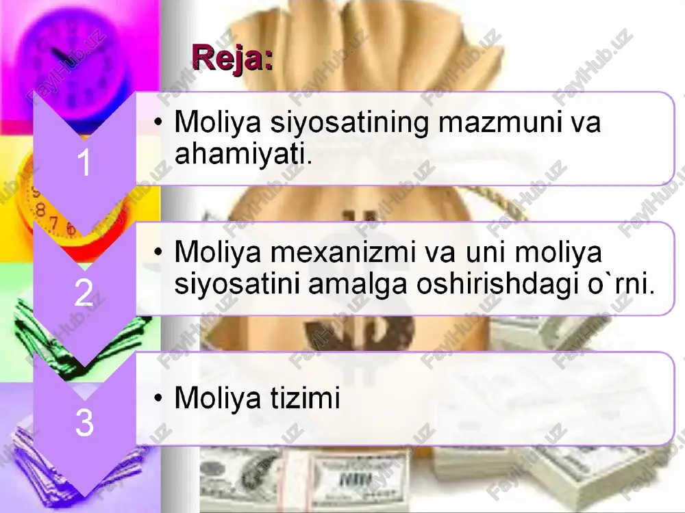 slikdir moliyaviy istiqbolni aniqlash moliyaviy mexanizming asosiy qismi bo`lib moliyaviy dastaklar va rag`batlantirish vositalariga moliyani boshqarish usullari subektlarning moliyaviy munosabatlarni amalga oshirish, pul oqimi – fondlarini uyushtirish, taqsimlash va samarali ishlatishga oid faoliyatni bildiradi moliya tizimi - bu davlatning hamda korxonalarni pul mablag`larini shakllantirish, taqsimlash va ishlatish usullari majmuasidir. moliya tizimi oʻz ichiga turli darajadagi byudjetlarni, ijtimoiy, mol-mulk va shaxsiy sugʻurta fondlarini, davlatning valyuta zahiralarini, korxona va firmalar, tijorat va notijorat tuzilmalarining pul fondlarini, boshqa maxsus pul fondlarini oladi. moliya tizimi o’zbekiston respublikasi moliya tizimi umumdavlat moliyasi xo’jalik yurutuvchi subektlar moliyasi umumdavlat moliyasi davlat budjeti budjetdan tashqari jamg’armalar mulk qo’mitasi maxsus fondi sug’urta moliyasi davlat krediti fond bozori xo’jalik yurituvchi subektlar moliyasi xissadorlik jamiyatlari moliyasi e’tiboringiz uchun raxmat!!! ¢ moliya siyosatining mazmuni va ahamiyati. ¢ moliya mexanizmi va uni moliya siyosatini amalga oshirishdagi o'rni. ¢ moliya tizimi moliya siyosati quyidagi omillarga bog liq i iqtisodiyotning _ chornar rivojlanish aioe hy …