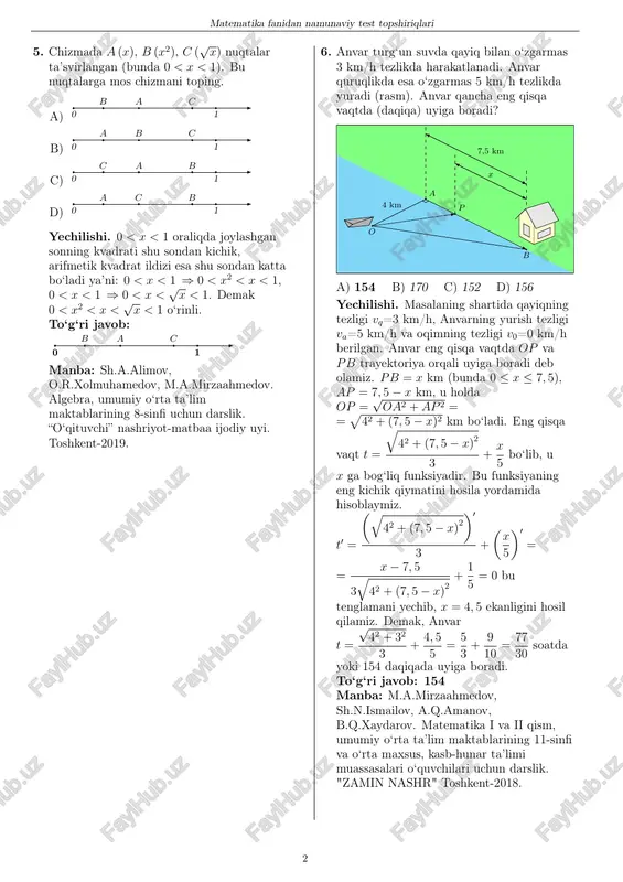 olmuhamedov, m.a.mirzaahmedov. algebra, umumiy o‘rta ta’lim maktablarining 9-sinfi uchun darslik. “o‘qituvchi” nashriyot-matbaa ijodiy uyi. toshkent-2019. 5 matematika fanidan namunaviy test topshiriqlari 16. agar (x; y) sonlar jufti { x2 + xy + y2 = 56 x+ √ xy + y = 8 tenglamalar sistemasining ildizi bo‘lsa, x−√ xy + y ning qiymatini toping. a) 5 b) 6 c) 7 d) 8 yechilishi. berilgan tenglamalar sistemasidan x−√ xy + y ifodaning qiymatini topish talab qilingan. buning uchun biz berilgan tenglamalar sistemasining yuqoridagi ifodasini ko‘paytuvchilarga ajratamiz. { x2 + xy + y2 = 56 x+ √ xy + y = 8 ⇔ ⇔ { x2 + 2xy + y2 − xy = 56 x+ √ xy + y = 8 ⇔ ⇔ { (x+ y)2 − xy = 56 x+ √ xy + y = 8 ⇔ ⇔ { ( x+ √ xy + y ) · ( x−√ xy + y …