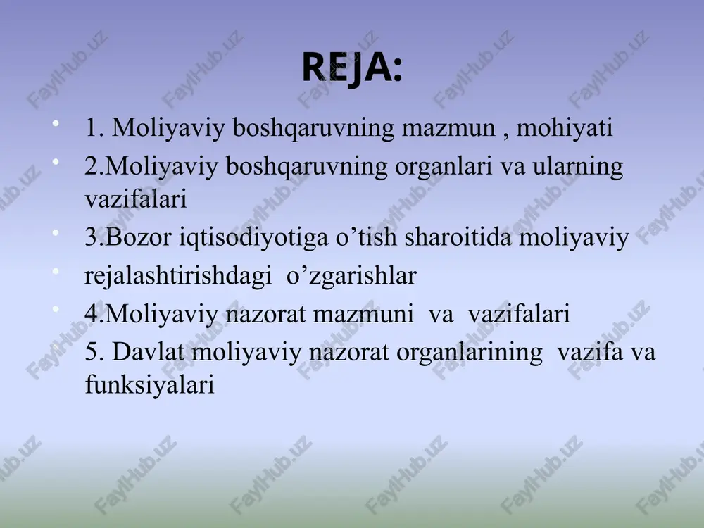 rejalashtirishda hamda operativ boshqarishda qo’llaniladi. nazorat haqiqiy natija bilan rejadagi ko’rsatkichlarni taqqoslashga yordam beradi, moliyaviy resurslarni o’stirish yo’llarini ko’rsatadi va ulardan samarali xo’jalik yuritish yo’llarini ko’rsatib beradi. moliyaning boshqaruv guruhlari umumiy boshqaruv operativ boshqaruv oliy majlis vazirlar mahkamasi prezident devoni moliya vazirligi davlat soliq qo’mitasi ularning joylardagi bo’linmalari sug’urta tashkilotlari xo’jalik sub’ektlarining moliya bo’lim (xizmat) lari moliya vazirligining vazifalari dalat soliq qo’mitasining vazifalari yagona davlat siyosatini amalga oshirish moliyaviy rerurslar balansini ishlab chiqishda qatnashish davlat tomonodan ichki va tashqi qarzlarni boshqarish davlat budjetiloyihasini tuzish moliyaviy intizom buzilganda molialashtirishni cheklash davlat moliyasining barqa-rorligini taminlash budjetga va nobudjet fondlarga soliqlar, to’lovlar va yig’imlarning to’g’ri hisoblanishini nazorat qilish ortiqcha to’langansoliq summalarini egalariga qaytarilishi bo’yicha tegishli ishlarni amalga oshirish moliyaga va g’aznachilikka soliqlar haqidagi tushumlari haqida har oyda ma’lumot berish soliq to’lovchilarni hisobga olish va ularni tekshirish moliyaviy rejalashtirish uslublari ekstrapolyatsiya usulining mohiyati shundaki, o’tgan hisobot davrining moliyaviy natijalaridan xulosa chiqarib kelgusi hisobot yili …