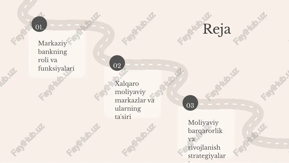barqarorlik moliyaviy barqarorlik markaziy bankning asosiy maqsadi bo'lib, inflatsiya va valyuta kursi o'zgarishlarini boshqarish orqali iqtisodiy inqirozlarni oldini olishda yordam beradi. davlat siyosati bilan aloqalar markaziy bank va davlat o'rtasidagi aloqalar iqtisodiy siyosatni amalga oshirishda muhim ahamiyatga ega, bu esa moliyaviy resurslarni taqsimlashni boshqaradi. iqtisodiy inqirozlar iqtisodiy inqirozlar davomida markaziy bank likvidlikni ta'minlash va iqtisodiy faoliyatni tiklash uchun tezkor choralar ko'radi, masalan, foiz stavkalarini pasaytirish va aktivlarni xarid qilish orqali. 02. 04. 01. 03. xalqaro moliyaviy markazlar: kirish moliyaviy markazlar iqtisodiy tizimning muhim qismidir, chunki ular moliya resurslarini boshqarish va taqsimlashda muhim rol o'ynaydi. xalqaro moliyaviy markazlar qatoriga nyu-york, london, tokiyo va gonkong kabi shaharlar kiradi, ular global moliya operatsiyalarini amalga oshiradi. ushbu markazlar iqtisodiy o'sishga, investitsiyalarni jalb qilishga va xalqaro savdoni rivojlantirishga yordam beradi. moliyaviy markazlar asosan moliya xizmatlarini ko'rsatish, investitsiya boshqaruvi va xalqaro savdo operatsiyalarini amalga oshirishda ishtirok etadi. xalqaro moliyaviy markazlarning turlari markazlar turlari moliyaviy markazlar turli …
