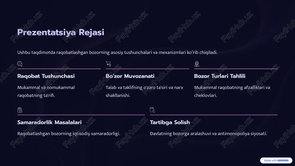 gan nuqta. bu nuqtada sotilmay qolgan mahsulotlar (ortiqcha taklif) va qondirilmagan talab (taqchillik) mavjud bo‘lmaydi. 5 qisqa muddatli qarorlar: firma foydani maksimallashtirish mukammal raqobatlashgan firmada marjinal daromad (mr) bozor narxiga (p) teng bo‘ladi. firma ishlab chiqarishni mr = mc (marjinal xarajat) sharti bajarilguncha davom ettiradi. agar p > atc (o'rtacha umumiy xarajat) bo‘lsa, firma iqtisodiy foyda oladi. agar p = atc bo‘lsa, firma nol iqtisodiy foyda (normal foyda) oladi. agar atc > p > avc (o'rtacha o'zgaruvchan xarajat) bo‘lsa, firma zarar ko‘radi, ammo qisqa muddatda faoliyatini davom ettiradi. agar p mc) tufayli iste'molchi va ishlab chiqaruvchi profisitining umumiy yo'qotilgan qismidir. bu resurslarning noto'g'ri taqsimlanishini anglatadi. davlat antimonopoliya siyosati orqali bozor raqobatini himoya qilishga, narxlarni tartibga solishga va birlashishlar (mergers) ustidan nazorat o‘rnatishga harakat qiladi. 9 xulosa va keyingi qadamlar mukammal raqobatlashgan bozor modeli ko'plab real bozorlar uchun soddalashtirilgan nazariy asos bo'lsa-da, u iqtisodiy samaradorlikning etalonini belgilaydi. 1 asosiy xulosa mrb …