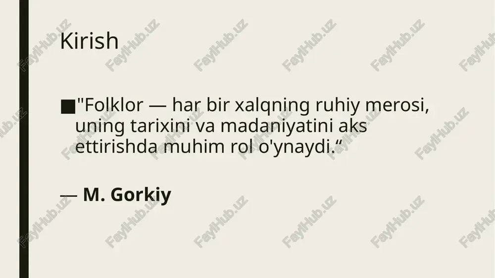 ekst: o'rta asrlarda yozma adabiyot folklordan ilhomlanadi, bu esa xalq ijodini boyitadi. janrlar o'rtasidagi bog'liqlik: yozma adabiyotning rivojlanishi folklor janrlarini ham o'zgarishga olib keladi. ijtimoiy o'zgarishlar va folklor tarixiy voqealar: xix asrning oxirida ijtimoiy-siyosiy voqealar folklorda aks etadi, masalan, xalqning ozodlik kurashi. motivlar: xalqning ozodlik, adolat va mardlik g'oyalari folklor asarlarida ifodalanadi. yangi janrlar: ijtimoiy o'zgarishlar folklorda yangi janrlarning paydo bo'lishiga olib keladi. istiqlol va folklor mustaqillik: 1991-yilda o'zbekiston mustaqillikka erishdi, bu esa xalq ijodining rivojlanishiga yangi yo'nalish berdi. qayta tiklash: folklor an'analari qayta tiklandi va xalq ijodkorlari yangi asarlar yaratmoqda. ommalashtirish: folklor tadqiqotlari va nashrlari yanada kuchayib, xalq ijodining keng tarqalishiga olib keldi. xulosa ma'naviy meros: folklor xalqning ma'naviy merosi sifatida tarixiy, madaniy va ijtimoiy ahamiyatga ega. foydalanish: folklor asarlarida xalq hayotining barcha jabhalari aks etgan, u o'zgaruvchan ijtimoiy sharoitlarda ham rivojlanadi. xalq ijodining roli: folklor xalqni birlashtiruvchi, ma'naviy va madaniy qadriyatlarni saqlovchi muhim omil hisoblanadi. e’tiboringiz uchun rahmat …