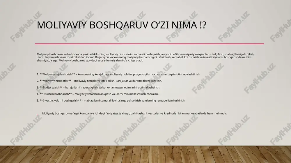 shiradi va kelajakdagi daromadlarni kafolatlaydi. afzalliklari moliya oqimlarni nazorat qilish moliyaviy boshqaruv orqali korxonaning kirim-chiqimlari nazorat qilinib, pul oqimlarining to’g’ri yo’naltirilishi va qayta taqsimlanishi ta’minlanadi. investorlar va kreditorlar bilan ishonchli aloqalar yaxshi moliyaviy boshqaruv orqali korxona tashqi investorlarga ishonch uyg’otadi, bu esa ularga qo’shimcha mablag’lar jalb qilishni osonlashtiradi. moliyaviy boshqaruv jarayonlari moliyaviy rejalashtirish maqsadlarni belgilash: kompaniya maqsadlarini aniqlash va ularni moliyaviy resurslar bilan bog’lash.byudjet tayyorlash: byudjetni tayyorlash orqali moliyaviy resurslarni taqsimlash. moliyaviy tahlil ma’lumotlarni yig’ish: moliyaviy hisobotlar, statistika va boshqa ma’lumotlarni to’plash.tahlil qilish: olingan ma’lumotlarni tahlil qilib, kompaniyaning moliyaviy holatini baholash. moliyaviy hisobotlar balans hisobi: tashkilotning aktivlari, passivlari va kapitalini ko’rsatadi.foyda va zarar hisobi: kompaniyaning daromadlari va xarajatlari haqida ma’lumot beradi.naqd pul oqimi hisobi: naqd pulning kirishi va chiqishi haqida hisobot. eʼtiboringiz uchun tashakkur image2.jpeg image3.jpeg image4.jpeg image1.jpg i /docprops/thumbnail.jpeg moliyaviy, boshqaruv