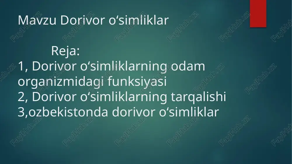 efir moylari, vitaminlar, boʻyoq moddalar, fermentlar, fitonsidlar, kraxmal, oqsillar, polisaharidlar, azotli moddalar, moy hamda moy kislotalari va boshqa birikmalar boʻlishi mumkin. dorivor oʻsimliklarning organizmga taʼsiri uning tarkibidagi kimyoviy birikmalarning miqdoriga bogʻliq. bu birikmalar oʻsimlikning qismlarida turli miqdorda toʻplanadi. dorining taʼsirchanlik quvvati hamda sifati yuqori boʻlish davri ularning gullash hamda urugʻlash davrining boshlanishi vaqtiga toʻgʻri keladi. dorivor moddalar baʼzi oʻsimliklarning kurtagi, bargi yoki poyasida, baʼzi oʻsimliklarning guli yoki mevasida, baʼzilarida ildizi yoki poʻstlogʻida toʻplanadi. shuning uchun oʻsimliklarning asosan biologik aktiv moddalari koʻp boʻlgan qismi yigʻib olinadi. yalpiz oʻsimliklarning ildizi, ildizpoyasi, piyozi va tuganagi, odatda, oʻsimlik uyquga kirgan davrda — kech kuzda yoki oʻsimlik uygʻonmasdan oldin — erta bahorda tayyorlanadi. oʻsimlikning meva va urugʻlari pishib yetilganda yigʻiladi, chunki ular bu paytda dori moddalariga boy boʻladi. yangi ykgʻib olingan dorivor oʻsimlik mahsuloti tarkibida (yer ustki aʼzolarida 85% gacha, ildizida 45% gacha) nam boʻladi. bu nam yoʻqotilmasa (quritish yoʻli bilan), oʻsimlik chirib, dori moddalari …