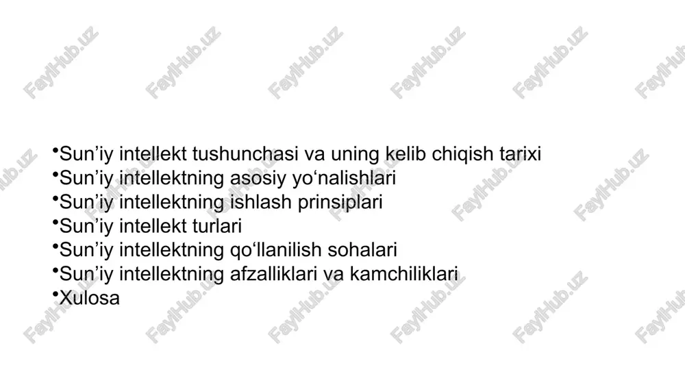 a yanada aniq ishlaydi. sun’iy intellektning qo‘llanilish sohalari sun’iy intellekt turlari sun’iy intellekt uch asosiy turga bo‘linadi: zaif (tor) intellekt (narrow ai) – faqat bitta vazifani bajarishga ixtisoslashgan (masalan, ovozli yordamchilar – siri, alexa). kuchli intellekt (general ai) – inson kabi keng fikrlay oladigan tizim (hozircha tajriba bosqichida). super intellekt (super ai) – inson aqlidan ustun tizim (kelajakdagi gipoteza sifatida qaraladi). bugungi kunda sun’iy intellekt quyidagi sohalarda keng qo‘llaniladi: tibbiyot: kasalliklarni erta aniqlash, tahlil natijalarini avtomatik o‘rganish. ta’lim: shaxsiy o‘quv dasturlarini yaratish, avtomatik baholash tizimlari. transport: avtonom avtomobillar va xavfsiz yo‘l harakati tizimlari. biznes va marketing: mijozlar xatti-harakatini tahlil qilish, reklama strategiyalarini tuzish. texnika va ishlab chiqarish: robototexnika, avtomatlashtirilgan nazorat tizimlari. axborot xavfsizligi: kiberhujumlarni aniqlash va himoya qilish. sun’iy intellektning afzalliklari va kamchiliklari afzalliklari: ish jarayonlarini tezlashtiradi. inson xatoliklarini kamaytiradi. katta hajmdagi ma’lumotlarni tahlil qiladi. doimiy ishlash qobiliyatiga ega. kamchiliklari: dastlabki yaratilish xarajatlari yuqori. inson mehnatini qisqartirishi mumkin. axloqiy va …