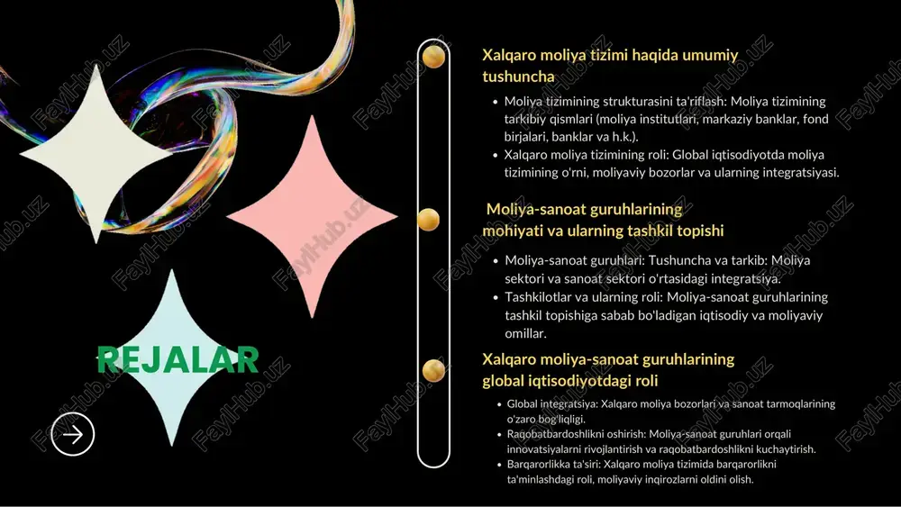 adi . integratsiya va diversifikatsiya: guruhlar o 'rtasidagi moliyaviy oqimlar sanoatga sarmoya kir it ish va ishlab chiqarish jarayonlarini r ivoj lantir ishga yordam beradi . mol iya sektori , sanoatga sarmoya kir it ish orqal i , o 'z foydasini ol ishga harakat qi ladi . kapital oqimi va sarmoya kiritish moliya-sanoat guruhlar i , sanoat va moliya tarmoqlari o 'rtasidagi r isklarni boshqarish uchun tur l i strategiyalarni qo' l laydi . mol iya institutsiyalar i sanoatga yordam berib, ularning iqtisodiy r isklar ini kamaytiradi , shuningdek, moliyaviy r isklarni diversif ikatsiya qi l ish imkoniyatini yaratadi . riskni boshqarish mol iya-sanoat guruhlar i , yangi texnologiyalar va innovatsiyalarni r ivoj lantir ishga yordam berish orqal i sanoatning raqobatbardoshl igini oshiradi . mol iya sektori yangi texnologik yutuqlarni qo' l lab-quvvatlash uchun zarur bo' lgan kapitalni taqdim etadi . innovatsiya va texnologik rivojlanish: general electric (ge) va goldman …