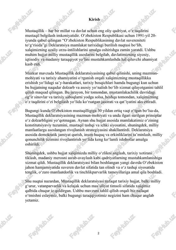 alga oshirildi. shuningdek, ushbu hujjat xalqimizda milliy o‘zlikni anglash, tarixiy xotirani tiklash, madaniy merosni asrab-avaylash kabi qadriyatlarning mustahkamlanishiga xizmat qildi. mustaqillik deklaratsiyasi bilan boshlangan yangi davrda o‘zbekiston jahon hamjamiyatida suveren davlat sifatida tan olindi va o‘z tashqi siyosatida tenglik, o‘zaro manfaatdorlik va tinchlikparvarlik tamoyillariga amal qila boshladi. shu nuqtai nazardan, mustaqillik deklaratsiyasi nafaqat tarixiy hujjat, balki milliy g‘urur, vatanparvarlik va kelajak uchun mas’uliyat timsoli sifatida xalqimiz qalbida chuqur iz qoldirgan. ushbu mavzuni tahlil qilish orqali biz nafaqat o‘tmishni eslaymiz, balki bugungi taraqqiyotimiz negizini ham chuqur anglab yetamiz. 1. mustaqillik deklaratsiyasining qabul qilinishi o’zbekiston respublikasi mustaqillik deklaratsiyasi 1991-yil 31-avgust kuni o’zbekiston oliy kengashining navbatdan tashqari sessiyasida qabul qilindi. ushbu tarixiy hujjat o’zbekiston xalqining o’z taqdirini mustaqil belgilashga bo’lgan intilishlarini huquqiy jihatdan mustahkamlab berdi. deklaratsiya qabul qilingan kun mamlakat tarixida burilish nuqtasi sifatida e’tirof etilib, davlat mustaqilligini e’lon qilish jarayoni yakunlandi. unda quyidagi asosiy tamoyillar belgilab qo’yilgan: · siyosiy mustaqillik: o’zbekiston boshqa …