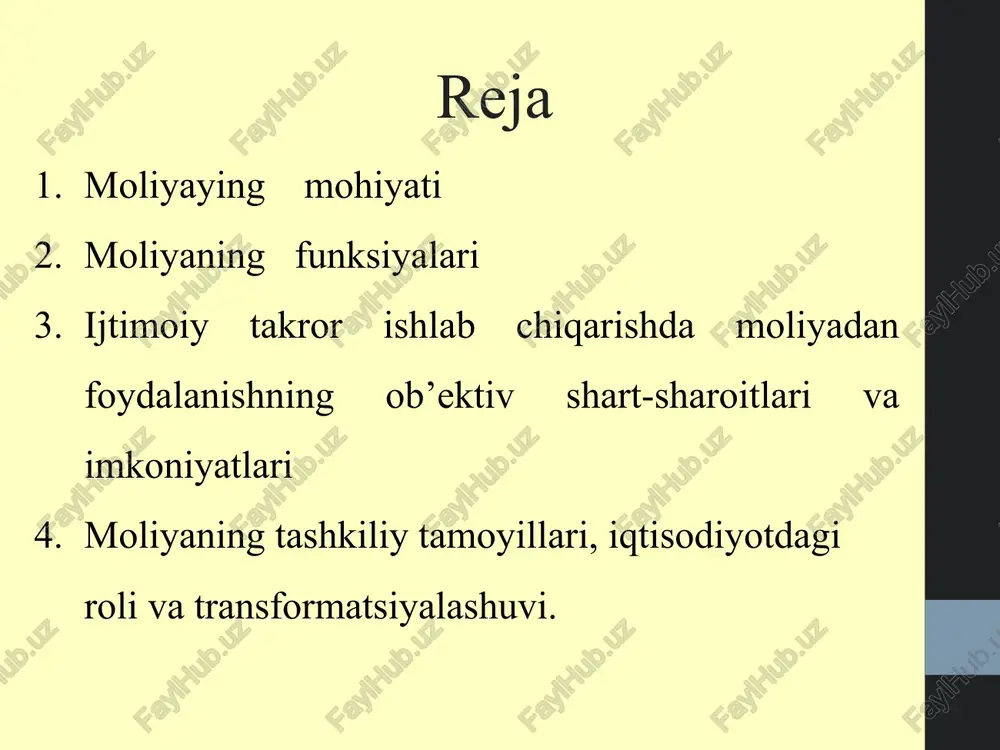 r. moliyaviy pul fondlari 2 xil bo’ladi. moliya pul tovarlar moliyaning moddiy asosi pul aylanishi naqd pul aylanishi naqd pulsiz aylanmalar moliyaning iqtisodiy mohiyati moliyaning taqimlash nazariyasi moliyaning takror ishlab chiqarish nazariyasi 1-nazariya bo`yicha - moliya ijtimoiy takror ishlab chiqarish jarayonining taqsimlash bosqichidagina paydo bo`ladi, ya’ni yalpi ichki mahsulot qiymatini qayta taqsimlash jarayonida vujudga keladi. 2-nazariya bo`yicha - moliya iqtisodiy kategoriyasi sifatida takror ishlab chiqarish jarayonining barcha bosqichlarini qamrab oluvchi pul munosabatlaridir. funktsiya – obyekt ichki mohiyati konkret shaklining namoyon bo`lish jarayonidir. moliya taqsimlash funktsiyasi nazorat funktsiyasi taqsimlash funksiyasi moliyaning bosh va asosiy funksiyasidir.moliya yordamida amalga oshiriladigan taqsimlash jarayoni murakkab va ko’p qirrali jarayondir.moliya yaimni taqsimlashning turli boshqichlariga xizmat qilib,uning birlamchi taqsimlanishida va qayta taqsimlashida ishtirok etadi.moliya yordamida amalga oshiriladigan yaim va milliy daromadni taqsimlash va qayta taqsimlashning pirovard maqsadli ishlab chiqaruvchi kuchlarni rivojlantirish,iqtisodiyotning bozor tarkibiy tuzulmasini shakllantirish,davlatning o’z funksiyalarini to’laqonli bajarishi uchun moddiy va moliyaviy asosni yaratish va mustahkamlash, …