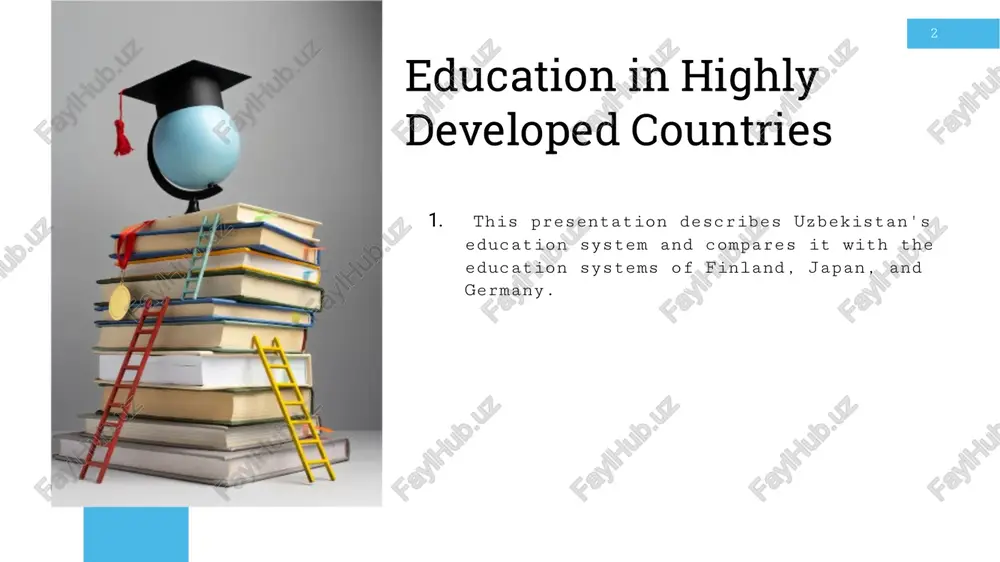 se system emphasizes discipline, respect, and teamwork, alongside academic achievement. 2. subjects such as science, mathematics, and technology are central to japan's curriculum. thanks to this system, japan has one of the highest literacy rates in the world and is famous for producing skilled professionals who contribute to technological advancement. education in germany 8 1. germany is famous for its dual education system, which combines theoretical study with practical vocational training. students can choose different pathways depending on their interests and career goals. universities are often free of tuition fees, making higher education accessible to everyone. this model ensures that young people are well prepared for the labor market while gaining strong academic knowledge. conclusion 9 in conclusion, uzbekistan is actively reforming its education system, learning from successful models of highly developed countries. from finland, uzbekistan can adopt creativity and equality; from japan, discipline and technological focus; and from germany, …