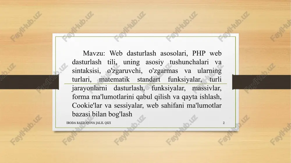 ining ko'rinadigan qismi va orasida joylashgan . iroda razzoqova jalil qizi 6 deklaratsiyasi deklaratsiya hujjat turini ifodalaydi va brauzerlarga veb-sahifalarni to'g'ri ko'rsatishga yordam beradi. u faqat bir marta, sahifaning yuqori qismida (har qanday html teglaridan oldin) paydo bo'lishi kerak. deklaratsiya katta-kichik harflarga sezgir emas. html5 uchun deklaratsiya : html sarlavhalari html sarlavhalari toq teglari bilan belgilanadi . eng muhim sarlavhani belgilaydi. eng muhim bo'lmagan sarlavhani belgilaydi: iroda razzoqova jalil qizi 7 iroda razzoqova jalil qizi 8 php nima? php "php: gipermatnni oldindan protsessor" so'zining qisqartmasi. php keng qo'llaniladigan, ochiq kodli skript tilidir php skriptlari serverda bajariladi php fayli nima? php fayllari matn, html, css, javascript va php kodlarini o'z ichiga olishi mumkin php kodi serverda bajariladi va natija oddiy html sifatida brauzerga qaytariladi php fayllari " .php" kengaytmasiga ega iroda razzoqova jalil qizi 9 php sintaksisi php skripti hujjatning istalgan joyiga joylashtirilishi mumkin. php skripti quyidagi bilan boshlanadi : php …