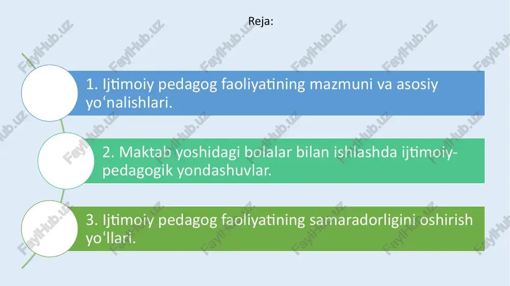 ing qiziqishlari, ehtiyojlari va oilaviy sharoitlarini alohida o‘rganib chiqadi. masalan, kam ta’minlangan oila farzandlariga ijtimoiy yordam, psixologik qo‘llab-quvvatlash tashkil etiladi. faoliyatga yo‘naltirilgan yondashuv bolani ijtimoiy faoliyatga jalb etish — ijobiy o‘zgarishlarga olib keladi. shu maqsadda ijtimoiy pedagog turli ijtimoiy loyihalar, ko‘ngillilar harakati, ekologik aksiyalarni tashkil qiladi. masalan, “yoshlar ijtimoiy xizmatda” loyihasi doirasida bolalar nuroniylarga yordam ko‘rsatish, maktabni obodonlashtirish ishlarida faol qatnashadilar. insonparvarlik yondashuvi ijtimoiy pedagog bola shaxsini hurmat qiladi, unga ishonch bildiradi, uning fikrini qadrlaydi. bu yondashuv orqali o‘quvchida o‘ziga ishonch, ijobiy emotsional holat shakllanadi. hamkorlik yondashuvi maktab, oila, mahalla va boshqa ijtimoiy institutlar o‘rtasidagi uzviy aloqani ta’minlash ijtimoiy pedagog faoliyatining eng muhim jihatidir. bola atrofida ijobiy ijtimoiy muhit yaratilmasa, uning to‘laqonli rivojlanishi qiyinlashadi. 3. ijtimoiy pedagog faoliyatining shakllari va metodlari ijtimoiy pedagog o‘z faoliyatida turli shakl va metodlardan foydalanadi. ular quyidagilardir: so‘rovnoma, suhbat, kuzatuv, diagnostika — bolaning ijtimoiy holatini aniqlash uchun; trening va seminarlar — o‘quvchilarda ijtimoiy ko‘nikmalarni rivojlantirish …