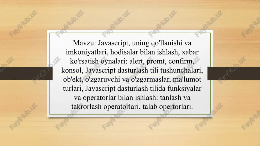 marta ishlatilganda avtomatik ravishda e'lon qilinadi: iroda razzoqova jalil qizi 11 eslatma foydalanishdan oldin har doim o'zgaruvchilarni e'lon qilish yaxshi dasturlash amaliyoti hisoblanadi. iroda razzoqova jalil qizi 12 iroda razzoqova jalil qizi 13 var, let yoki const ni qachon ishlatish kerak? 1. har doim o'zgaruvchilarni e'lon qiling const2. qiymat o'zgartirilmasligi kerak bo'lsa, har doim foydalaning const3. turni o'zgartirmaslik kerak bo'lsa, har doim foydalaning (massivlar va ob'ektlar) let4. agar foydalana olmasangizgina foydalaningconst var5. agar siz eski brauzerlarni qo'llab-quvvatlasangizgina foydalaning . xuddi algebrada bo'lgani kabi, o'zgaruvchilar ham qiymatlarga ega: xuddi algebrada bo'lgani kabi, o'zgaruvchilar ifodalarda ishlatiladi: iroda razzoqova jalil qizi 14 javascript 8 ta ma'lumot turiga ega 1. qator 2. raqam 3. bigint 4. mantiqiy 5. aniqlanmagan 6. null 7. belgi 8. obyekt iroda razzoqova jalil qizi 15 ob'ekt ma'lumotlar turi ob'ekt ma'lumotlar turi quyidagilarni o'z ichiga olishi mumkin: 1. obyekt 2. massiv 3. sana iroda razzoqova jalil qizi 16 dasturlashda ma'lumotlar …