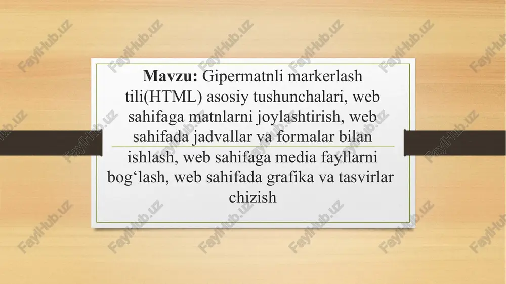, firefox, safari) maqsadi html hujjatlarini o'qish va ularni to'g'ri ko'rsatishdir. brauzer html teglarini ko'rsatmaydi, lekin hujjatni qanday ko'rsatishni aniqlash uchun ulardan foydalanadi. eslatma: bo'limi ichidagi kontent brauzerda ko'rsatiladi. elementi ichidagi tarkib brauzerning sarlavha satrida yoki sahifa yorlig'ida ko'rsatiladi. iroda razzoqova jalil qizi 9 bu rasmda html va uning natijasi ni ko’rishimiz mumkin iroda razzoqova jalil qizi 10 formalar www da foydalanuvchi tomonidan kiritilayotgan ma’lumotlarni tartibga solish maqsadida qo‘llanilgan. forma elementlari to‘ldirilib bo‘lgach ulardagi ma’lumotlar serverdagi ma’lumotlarni qayta ishlovchi dasturga yuboriladi. ko‘p sonli jo‘natilayotgan ma’lumotlar junatish tugmasi bosilgandan so‘ng serverda joylashgan common gateway interface (cgi) yordamida qayta ishlanadi. shu tariqa foydalanuvchi internet orqali web-server bilan birgalikda ishlaydi. formaning berilishi —form elementi form elementi hujjatni ma’lum bir formaga soladi va forma elementlari teglarini boshqa teglardan ajratib turadi. bir nechta teglari ketma ketligidan tashkil topadi. iroda razzoqova jalil qizi 11 ular va teglari orasiga joylashtiriladi. formada usuldan (method), formaga kiritilgan ma’lumotlarni qayta …