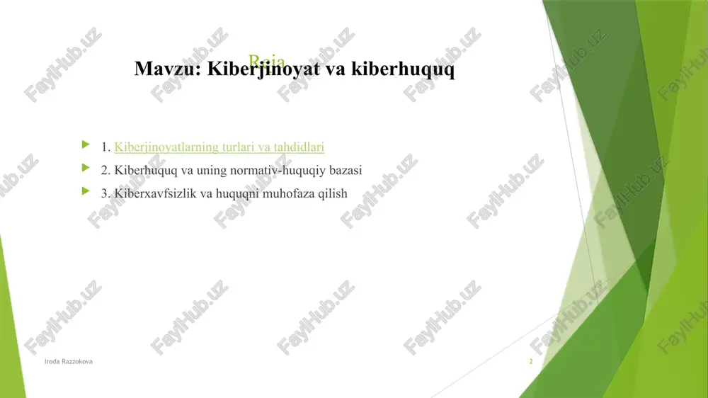 s qonunlar, tergov va jinoyatlarni aniqlash uchun texnik va huquqiy mexanizmlar joriy qilgan. xavfsizlik choralari kiberxavfsizlik uchun shifrlash, firewalls va antivirus dasturlari qo‘llaniladi. shu bilan birga, tashkilotlar va shaxslar xavfsizlik bo‘yicha treninglar o‘tadi. hamkorlik va xalqaro kiberjinoyatlar bilan kurashishda davlatlararo hamkorlik muhim. o‘zbekiston xalqaro tashkilotlar bilan ma’lumot almashish va hamkorlik qilish imkoniyatlarini kengaytirmoqda. kiberhuquqning asosiy prinsiplari va normativ-huquqiy asoslari iroda razzokova 6 1 huquqiy asoslar kiberhuquqning asosiy prinsiplari inson huquqlari, shaxsiy ma'lumotlarni himoya qilish va adolatli yuritishni ta’minlashga qaratilgan, xalqaro va milliy qonunlar bilan muvofiq bo‘ladi. 2 normativ huquqiy bazalar o‘zbekiston kiberhuquqi, shuningdek, xalqaro huquq normalari asosida shakllangan, ularning asosiy maqsadi kiberxavfsizlikni mustahkamlash va jinoyatlarni oldini olishdir. 3 xalqaro hamkorlik kiberjinoyatlarni bartaraf etishda xalqaro tashkilotlar va davlatlar o‘rtasidagi hamkorlik muhim rol o‘ynaydi, bu esa qonun buzilishlariga qarshi samarali kurash imkonini beradi. o‘zbekiston kiberhuquqining rivojlanishi va qonuniy ramka iroda razzokova 7 1 o‘zbekiston kiberhuquqining rivojlanishi o‘zbekiston kiberhuquqi 2010-yildan boshlab rivojlanib, yangi …