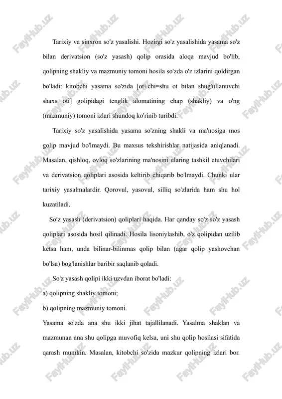 o'z so'z yasash qoliplari asosida hosil qilinadi. hosila lisoniylashib, o'z qolipidan uzilib ketsa ham, unda bilinar-bilinmas qolip bilan (agar qolip yashovchan bo'lsa) bog'lanishlar baribir saqlanib qoladi. so'z yasash qolipi ikki uzvdan iborat bo'ladi: a) qolipning shakliy tomoni; b) qolipning mazmuniy tomoni. yasama so'zda ana shu ikki jihat tajallilanadi. yasalma shaklan va mazmunan ana shu qolipga muvofiq kelsa, uni shu qolip hosilasi sifatida qarash mumkin. masalan, kitobchi so'zida mazkur qolipning izlari bor. lekin xabarchi so'zida qolipning mazmuniy tomoni aks etmagan. so'z yasash qolipining shakliy tomoni ikki qismdan tashkil topadi: yasovchi asos va yasovchi vosita. masalan, [ot+chi=shu ot bilan shug'ullanuvchi shaxs oti]| qolipining shakliy qismi bo'lgan [ot+chi] ning ot qismi yasovchi asos, -chi qismi esa yasovchi vositadir. qolipning yasovchi asosi, albatta, mustagil so'z, yasovchi vosita qismi esa so’z ham, qo'shimcha ham bolishi mumkin. masalan, go'shma, juft so'z yasash qoliplarida asos ham, vosita ham so'zdir. qoliplarning so'z yasash darajasi bir xil emas. shunga …