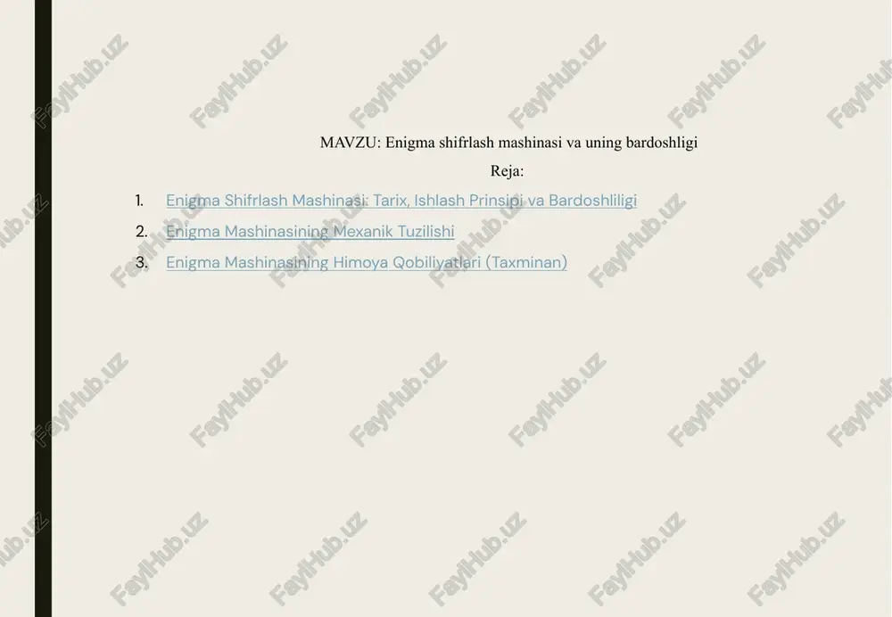 ewski, jerzy różycki va henryk zygalski. 2 bomba mashinasi rotor pozitsiyalarini aniqlash uchun. 3 bletchley park alan turing va uning jamoasi. 9 enigmani buzishning ittifoqchilar uchun strategik ahamiyati dengizdagi g'alaba 1 muddatidan oldin urushning tugashi 2 ma'lumot ustunligi 3 10 enigma mashinasi: urushdan keyingi ta'siri va merosi 1 kriptografiyaning rivojlanishi 2 kompyuter ilmining rivojlanishi 3 tarixiy ahamiyat 11 xulosa enigma mashinasi murakkab, lekin buziladigan shifrlash tizimi edi. uning buzilishi urushda hal qiluvchi rol o'ynadi. enigma tarixi kriptografiyaning ahamiyatini va xavfsizlikning doimiy rivojlanishini ko'rsatadi. foydalanilgan adabiyotlar: chatgpt www.intuit.ru www.sec.ru http7/opensecuritvtraining.info/ 12 e’tiboringiz uchun rahmat rejaga image1.png image2.png image3.png image4.png image5.png image6.png image7.png image8.png image9.png image10.png image11.png image12.png image13.png e q 4 g) e) : 2 o 8) »