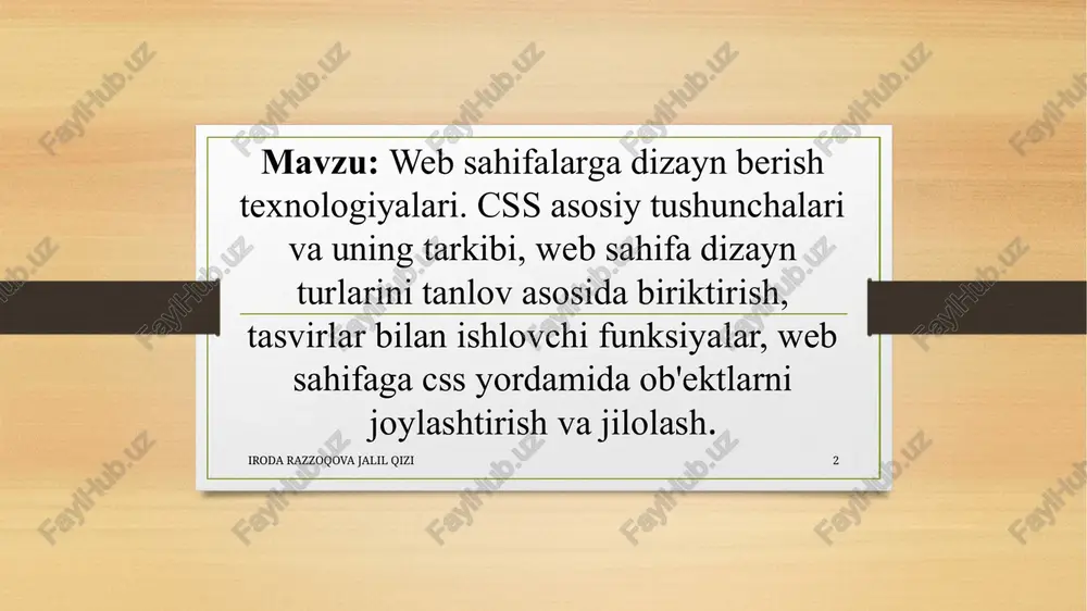 inlinestyle - html elementlari ichidagi atribut yordamida ichki - bo'limdagi element yordamida tashqi - tashqi css fayliga ulanish uchun element yordamida css qo'shishning eng keng tarqalgan usuli bu uslublarni tashqi css fayllarida saqlashdir. biroq, ushbu qo'llanmada biz ichki va ichki uslublardan foydalanamiz, chunki buni ko'rsatish osonroq va uni o'zingiz sinab ko'rishingiz osonroq. iroda razzoqova jalil qizi 10 inline css inline css yagona html elementiga noyob uslubni qo'llash uchun ishlatiladi. inline css stylehtml elementining atributidan foydalanadi. quyidagi misol elementning matn rangini ko'k va elementning matn rangini qizil rangga o'rnatadi: iroda razzoqova jalil qizi 11 ichki css ichki css bitta html sahifasi uchun uslubni aniqlash uchun ishlatiladi. ichki css html sahifasining element ichida bo'limida aniqlanadi . quyidagi misol hamma elementlarning (ushbu sahifadagi) matn rangini ko‘k rangga, hamma elementlarning matn rangini esa qizil rangga o‘rnatadi. bundan tashqari, sahifa "chang ko'k" fon rangi bilan ko'rsatiladi: iroda razzoqova jalil qizi 12 tashqi css ko'pgina html …