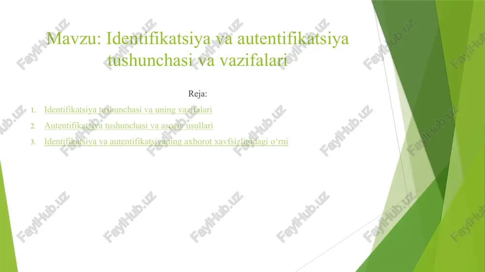 i: kirish nazorati: har qanday axborot tizimida xavfsizlik muhim ahamiyatga ega. identifikatsiya kim tizimga kirishga urinayotganini aniqlab, xavfsizlik darajasini boshqarishga yordam beradi. foydalanuvchini individual ajratish: har bir foydalanuvchi unikal identifikatorga ega bo‘ladi. bu tizimda bir nechta foydalanuvchi ishlayotgan holatlarda chalkashliklarning oldini oladi. xavfsizlikni ta’minlash: tizimdan faqat ruxsat etilgan foydalanuvchilar foydalanishi kerak. noto‘g‘ri shaxslar tomonidan tizimdan foydalanilishini oldini olish — identifikatsiyaning asosiy vazifalaridan biridir. hisob yuritish (audit): identifikatsiya orqali kim, qachon, qanday resurslardan foydalanganini qayd etish mumkin. bu ma’lumotlar tizimni tahlil qilish, xatoliklarni aniqlash yoki noqonuniy harakatlarni fosh qilishda foydali bo‘ladi. rejaga qaytish 2. autentifikatsiya tushunchasi va asosiy usullari autentifikatsiya — bu foydalanuvchi tomonidan taqdim etilgan ma’lumot asosida uning shaxsini tasdiqlash jarayonidir. bu bosqich, odatda, identifikatsiyadan keyin amalga oshiriladi. agar identifikatsiya “siz kimsiz?” degan savolga javob bo‘lsa, autentifikatsiya — “bu rostdan sizmisiz?” degan savolga javob beradi. masalan, foydalanuvchi tizimga kirish uchun login kiritgach, tizim unga parol so‘raydi. agar parol to‘g‘ri kiritilsa, …