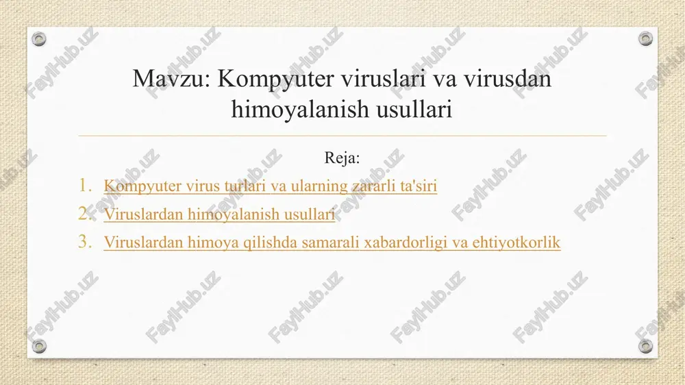 nuvchi ishonchli dastur deb o'ylagan faylni yuk olish orqali. zararli ta'sir : shaxsiy ma'lumotlarni o'g'irlash (parollar, bank ma'lumotlari, shaxsiy hujjatlar). ishonchli ruxsatisiz tizimga kirish va tizimni masofadan boshqarish. kompyuterni nazorat qilish va boshqa zararli dasturlarni o'rnatish. misol : zeus virusi — bu troyan bo'lib, u bank tizimlaridan ma'lumot o'g'irlashga mo'ljallangan va ko'plab foydalanuvchilarni nishonga olgan. rejaga qaytish ransomware (zararli fayllarni o'g'irlash) tavsif : ransomware viruslari foydalanuvchi kompyuterini bloklab qo'yadi va tizimni yoki fayllarni ochish uchun "tiklash puli" talab qiladi. zararli ta'sir : foydali ma'lumotlarini shifrlash yoki bloklash. foydadan pul talab qilish. ma'lumotlarning yo'qolishi yoki o'g'irlanishi. misol : wannacry virusi — bu ransomware bo'lib, u 2017-yilda global miqyosda tarqaldi va ko'plab kompyuterlarda fayllarni shifrladi, foydalanuvchilardan pul talab qildi. rejaga qaytish 1.antivirus dasturlarini o'rnatish va yangilash tavsif. antivirus dasturlari viruslarni aniqlash, bloklash va yo'q qilishda yordam beradi. ularni doimiy kuzatib tekshirib, zararli dasturlarning tizimga kirishini kompyuter oladi. kasperskiy , norton , bitdefender …