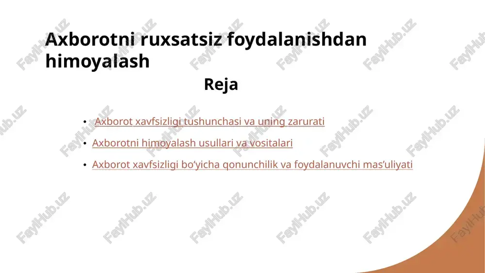 ik himoya vositalari firewall, shifrlash, antivirus va autentifikatsiya kabi texnologiyalar yordamida ma’lumotlarni ruxsatsiz kirishlardan himoyalash mumkin. reja axborotni himoyalashning zarurligi va xavf-xatarlarni oldini olish 1 axborotni himoyalashning ahamiyati ma'lumotlarni himoyalash jamiyat va iqtisod uchun muhimdir. uxshash ma'lumotlar o'g'irlanishi yoki zararli maqsadlarda foydalanilishining oldini oladi. 2 xavf-xatarlarni aniqlash xavf-xatarlarni bilish orqali, ularning oldini olish yoki kamaytirish uchun samarali strategiyalar ishlab chiqiladi. bu, shaxsiy va korporativ ma'lumotlarni himoya qilishda muhimdir. 3 xavfsizlik choralarining roli zamonaviy texnologiyalar va qonunchilik choralarini qo‘llash, ma’lumotlarning ruxsatsiz kirishdan himoyalanishini ta’minlaydi va xavf-xatarlarni kamaytiradi. reja axborotni himoyalash usullarining asosiy tamoyillari va samarali qo‘llanilishi 1 maqsadli himoyalash usullari - maqsadli himoyalash usullari ma’lumotlarni muhofaza qilish uchun muhimdir. ular ma’lumotga ruxsatsiz kirishni oldini olish va xavfsizlikni ta’minlashga yordam beradi. 2 shifrlash texnologiyalari - shifrlash ma’lumotlarni kodlash orqali himoya qiladi. bu usul ma’lumotlarni ruxsatsiz oshkor qilishdan saqlaydi va xavfsizlikni oshiradi, masalan, https va aes. 3 foydalanuvchi autentifikatsiyasi - foydalanuvchilarni identifikatsiya qilish …