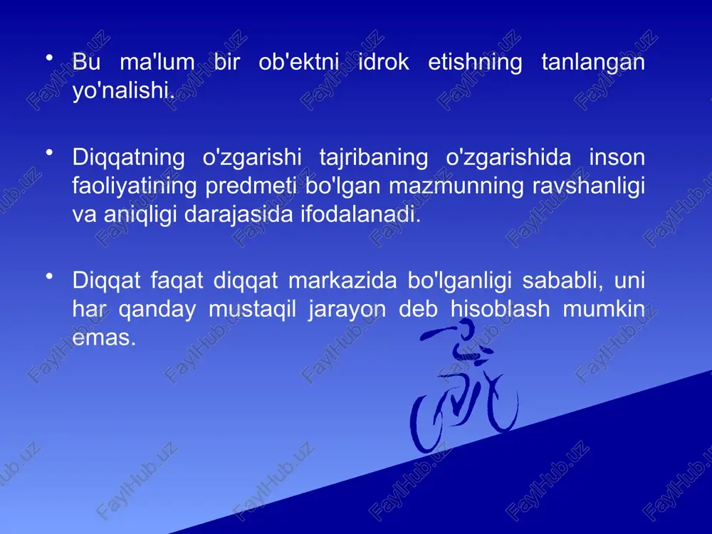 harakatlar tajribasi, keskinlik va ixtiyoriy diqqatni uzoq vaqt davomida ushlab turish, charchoqni keltirib chiqaradi, ko'pincha jismoniy zo'riqishdan ham kattaroqdir. post-ixtiyoriy e'tibor diqqat ob'ektini ongli ravishda tanlash mavjud bo'lgan, ammo ixtiyoriy diqqatga xos keskinlik mavjud bo'lmagan diqqat turi. yangi tafakkurning shakllanishi bilan bog'liq bo'lib, shaxsning oldingi tajribasidan ko'ra ko'proq hozirgi faoliyat bilan bog'liq (ixtiyorsiz diqqatdan farqli o'laroq). diqqat shakllari tashqi diqqat(sezgi-idrok) tashqi dunyo ob'ektlari tomon yo'naltirilgan. tashqi dunyoni bilish va o'zgartirish uchun zarur shart; ichki diqqat (intellektual) insonning sub'ektiv dunyosi ob'ektlariga qaratilgan. o'z-o'zini bilish va o'z-o'zini tarbiyalash uchun zarur shart; vosita (harakat) diqqat; inson tomonidan bajariladigan harakatlar va harakatlarga e'tibor qaratadi. amaliy faoliyatda qo'llaniladigan texnika va usullarni aniqroq va aniqroq tushunish imkonini beradi. diqqatning xususiyatlari konsentratsiya diqqatni ob'ektga qaratish ko’lami bir vaqtning o'zida va bir xil aniqlik bilan idrok etilishi mumkin bo'lgan o'xshash ob'ektlar soni. ko’chishi yangi maqsadni qo'yish bilan shartlangan, ongning bir ob'ektdan ikkinchisiga yo'nalishini ongli va mazmunli, ataylab va …