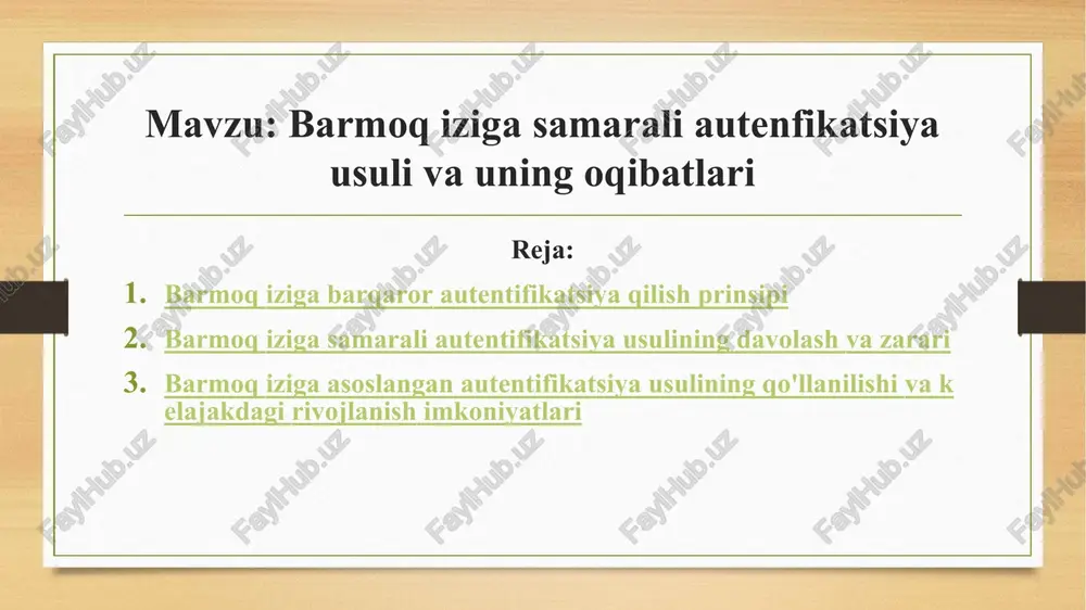 nsorlar barmoq izining issiqlik taqsimotini o'lchab, izning noyob xususiyatlarini aniqlaydi. rejaga qaytish barmoq izini tahlil qilish va raqamli shaklga o'tkazish barmoq izlari skanerlashdan keyin, ularning har bir o'ziga xos xususiyatlari, masalan, burmalar, chiziqlar va ularning o'zaro joylashuvi raqamli kodga aylantiriladi. bu kodni barmoq izining shifrlangan modeli deb atash mumkin. xususiyatlarni aniqlash: barmoq izidagi burmalar va chiziqlar tizimi uchun muhim biologik xususiyatlardir. tizim bu xususiyatlarni raqamli formatga o'tkazib, maxsus algoritmlar yordamida tahlil qiladi. shifrlash va saqlash: olingan raqamli ma'lumotlar shifrlanadi va ma'lumotlar bazasiga saqlanadi. ma'lumotlar saqlanganidan so'ng, tizimni foydalanuvchi faqat barmoq izi bilan kirish imkoniyatiga ega bo'ladi. foydalanuvchini aniqlash (verifikatsiya) foydalanuvchi tizimga kirish uchun barmog'ini qayta skanerlaganda, tizim uning barmoq izini oldindan saqlangan model bilan taqqoslaydi. agar olingan barmoq izi saqlangan model bilan to'liq mos kelsa, tizim foydalanuvchining kirishini tasdiqlaydi. ma'lumotni taqqoslash: yangi skanerlangan barmoq izining raqamli modelini tizimga kiritilgan ma'lumotlar bilan solishtiriladi. agar ular o'rtasida moslik mavjud bo'lsa, foydalanuvchi tizimga …