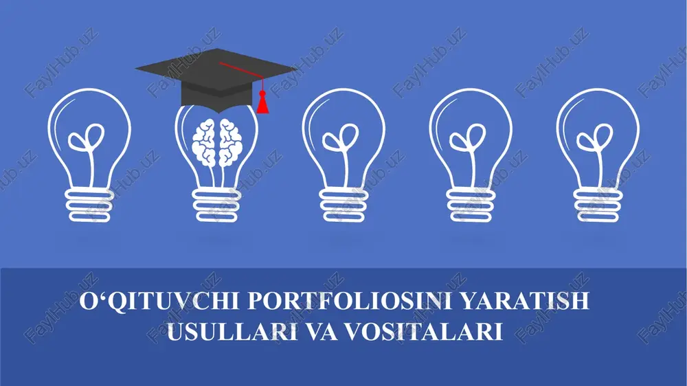 ‘qituvchining fan rivojiga qo‘shgan ilmiy hissasi va ilmiy dunyoqarashini aks ettiradi. metodik ishlar o‘qituvchining dars ishlanmalari, metodik qo‘llanmalar, innovatsion yondashuvlar, yangi pedagogik metodikalar va ularning amaliyotga joriy etilishi bayon etiladi. ushbu qism o‘qituvchining o‘quv jarayonini takomillashtirishga qaratilgan metodik faoliyatini yoritadi. shaxsiy ma’lumotlar pedagogning ismi, familiyasi, mutaxassisligi, ta’lim darajasi, ishlagan o‘quv yurtlari, ish tajribasi va boshqa professional ma’lumotlar joylashadi. shaxsiy ma’lumotlar o‘qituvchining o‘zini tanishtirishi, uning kasbiy yo‘li va faoliyatini qisqacha aks ettiradi. o‘qituvchining o‘ziga xos pedagogik yondashuvlari va professional qadriyatlari ham ta’riflanishi mumkin.. dars ishlanmalari o‘qituvchining o‘quv jarayonidagi professional yondashuvlarini hujjatlashtirishga xizmat qiladi.. o‘quvchilar yutuqlari o‘quvchilarning yutuqlari o‘qituvchining ta’lim jarayoniga qo‘shgan hissasini ko‘rsatadi va uning samaradorligini tasdiqlaydi. o‘qituvchi portfoliosini yaratish usullari raqamli hujjatlar va fayllar to‘plami elektron taqdimotlar va videodarslar shaxsiy veb-sayt yoki blog elektron portfolio onlayn platformalardan foydalanish o‘quv jarayonida qo‘llanilgan materiallar va testlar sertifikatlar, mukofotlar va tavsiyanomalar an’anaviy usul pedagog faoliyatini aks ettiruvchi foto va videomateriallar linkedin google sites …
