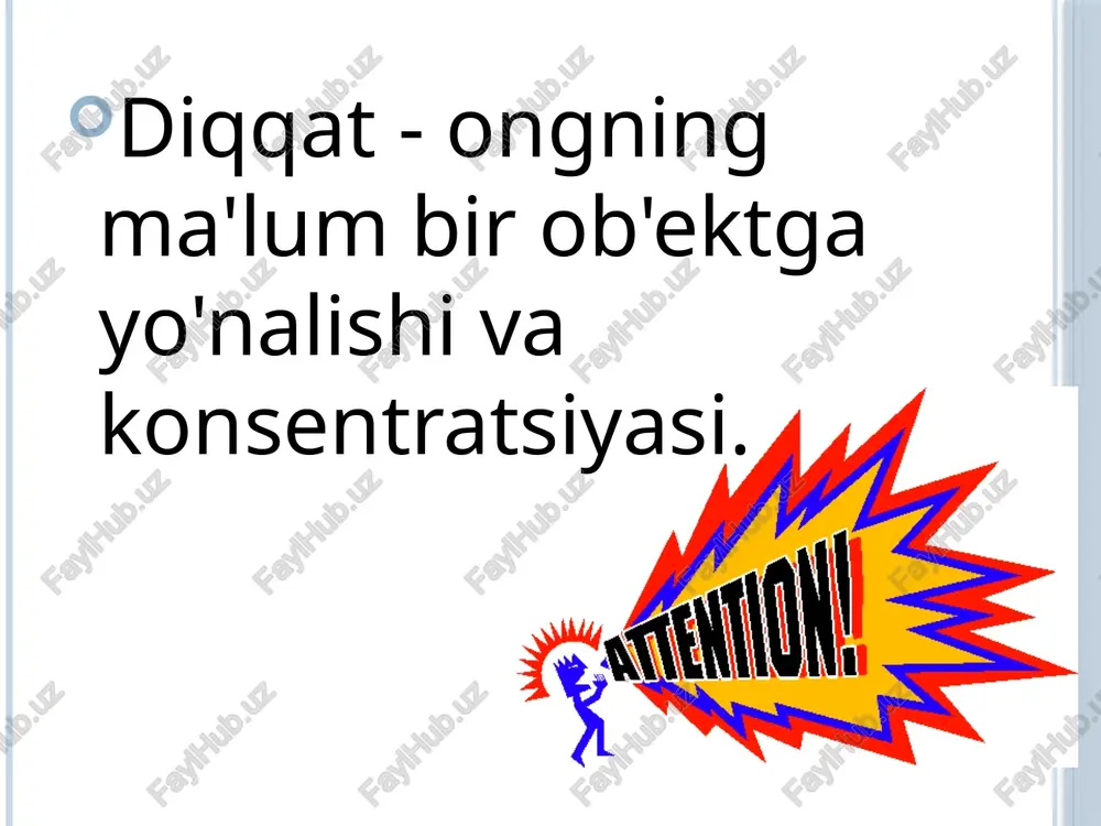 siyotlar va sezgilarning tanlab ishi bilan bog'liq bo'lib, ong markazida qandaydir hissiy taassurot mavjud. asosan fikrning konsentratsiyasi va yo'nalishi bilan bog'liq, qiziqish ob'ekti fikrdir. his-tuyg’uli intellektual e’tiboringiz uchun rahmat! image2.gif image3.jpeg image4.jpeg image5.jpeg image6.jpeg image7.jpeg image8.jpeg image9.jpeg image10.jpeg image11.gif student asleep attention /docprops/thumbnail.jpeg ®.pieqat