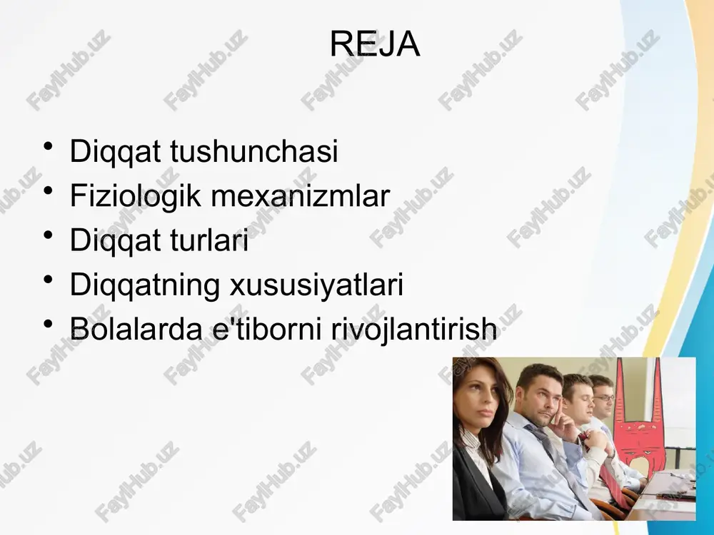 ng kuchlanishiga, ob'ektga diqqat bilan qarashda ko'z mushaklarining kuchlanishiga va hokazolarga olib keladi. signal tizimlari 1 va 2. 3. diqqat turlari diqqatning 3 turini ajratish odatiy holdir: 1. beixtiyor 2. ixtiyoriy 3. ixtiyoriylikdan keyingi ixtiyorsiz diqqat insoniy niyatsiz, oldindan belgilab qo'yilgan maqsadsiz va ixtiyoriy harakatni talab qilmasdan paydo bo'ladi. bu e'tibor passiv, beixtiyor va hissiy deb ham ataladi. fo - shartsiz yo'naltiruvchi refleks: "bu nima?" ixtiyorsiz diqqat paydo bo'lishi uchun stimul quyidagi xususiyatlarga ega bo'lishi kerak: kuch va ajablanish: rag'batlantirish qanchalik kuchli bo'lsa, unga tezroq e'tibor qaratiladi. yangilik va g'ayrioddiylik kontrast (rang, o'lcham) mobillik (dinamik o'yinchoqlar, lenta, sakrash reklamalari va boshqalar) rag'batlantiruvchi harakatning boshlanishi va tugashi, uning zaiflashishi (nutqdagi pauza, miltillovchi mayoq) ixtiyorsiz diqqatni ichki omillar ham qo'zg'atadi: insonning qiziqishlari va ehtiyojlari, uning kayfiyati va farovonligi. beixtiyor diqqat hayvonlarga ham xosdir. bu maktabgacha va boshlang'ich maktab yoshidagi bolalarga xosdir. maktabgacha yoshdagi bolalarda u yorqin, g'ayrioddiy va harakatlanuvchi narsalar tomonidan qo'zg'atiladi; …