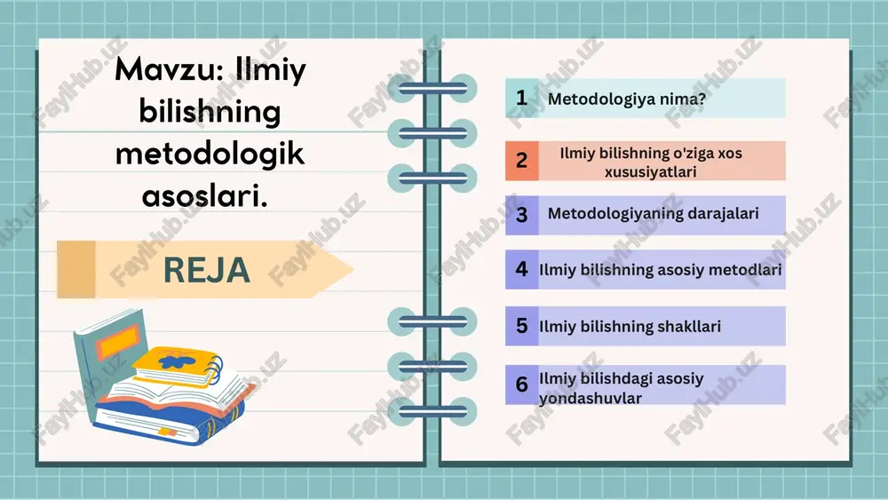 ng umumiy tamoyillari va kategoriyalari (dialektika, metafizika, fenomenologiya va boshqalar). u butun bilish jarayoniga tatbiq etiladigan universal uslubiy yondashuvlarni o'z ichiga oladi. • umumilmiy metodologiya: barcha yoki ko'plab fanlar uchun umumiy bo'lgan usullar (tizimli yondashuv, modellashtirish, qiyosiy tahlil, sintez, abstraksiya, induksiya, deduksiya va boshqalar). • xususiy fan metodologiyasi: muayyan fan sohasiga (masalan, fizika, biologiya, sotsiologiya metodologiyasi) tegishli usullar, nazariyalar va tamoyillar. • fandisciplinar metodologiya: muayyan fan ichidagi alohida yo'nalish yoki guruhlarga xos usullar (masalan, kvant mexanikasi metodologiyasi, molekulyar biologiya metodologiyasi). • texnologik (texnik) metodologiya: muayyan tadqiqot vazifalarini bajarish uchun aniq amaliy usullar va operatsiyalar (masalan, anketalashtirish texnikasi, statistik ma'lumotlarni qayta ishlash usullari). ilmiy bilishning asosiy metodlari a. empirik metodlar (tajriba va kuzatuvga asoslangan): kuzatish:b o'lchash:c tajriba (eksperiment):d tavsiflash:o qiyosiy metod:q • kuzatish: ob'ektiv voqelikni maqsadli va tizimli idrok etish. • tajriba (eksperiment): ob'ektni maxsus yaratilgan va nazorat qilinadigan sharoitlarda o'rganish. • qiyosiy metod: hodisalarni o'zaro solishtirish orqali o'xshashlik va farqlarni …