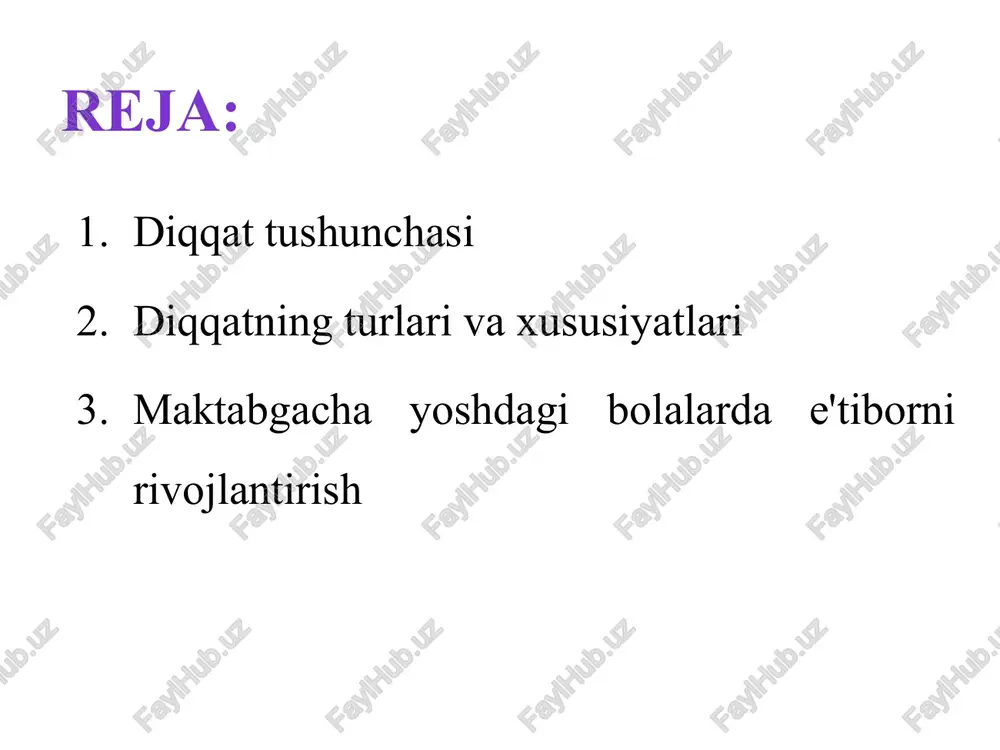 tushunish. tanish ish sharoitlari. bilvosita manfaatlarning paydo bo'lishi. faoliyat uchun qulay shart-sharoitlarni yaratish, ya'ni salbiy ta'sir qiluvchi tashqi stimullarni yo'q qilish. kuzatishlar va maxsus tadqiqotlar shuni tasdiqlaydiki, engil tashqi ogohlantirishlar samaradorlikni pasaytirmaydi, balki uni oshiradi. xonaga kirib borayotgan mayin shovqinlar, barglarning shitirlashi, soatning tiqiltisi va boshqa zaif tovushlar nafaqat diqqatni buzmaydi, balki ba'zan uni kuchaytiradi. post-ixtiyoriy diqqat ixtiyoriy diqqat asosida, undan keyin paydo bo'ladi. diqqatning xususiyatlari konsentratsiya; barqarorlik; hajmi; tarqatish; almashtirish. yo'naltirilgan diqqat - bu diqqatni bitta ob'ektga yoki bitta faoliyatga qaratish, qolgan hamma narsaga e'tibor bermaslik qobiliyati. bola model qurmoqda. ular vazifaga butunlay berilib ketishadi, bir zum ham chalg‘imaydilar, vaqt o‘tishiga e’tibor bermaydilar, telefon qo‘ng‘iroqlariga javob bermaydilar, hatto kechki ovqatga chaqirishsa ham javob bermaydilar, ba’zan eshitmaydilar. bu ularning diqqat-e'tiborining jadalligidan dalolat beradi. krasniy. zeleniy. siniy. jeltiy. fioletoviy. oranjeviy. korichneviy. krasniy. cherniy. zeleniy. goluboy. jeltiy. korichneviy. siniy. diqqatning barqarorligi - bu ob'ekt yoki faoliyatga doimiy e'tibor. savol tug'iladi: diqqatni bir …