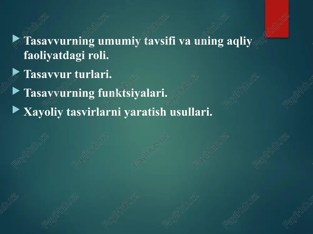 ddan, passiv tasavvur iroda bilan bog'liq bo'lmagan tasvirlarni yaratadi. bunday tasvirlar reveriya deb ataladi. reversiyalar tasavvur va shaxsiy ehtiyojlar o'rtasidagi bog'liqlikni eng aniq ochib beradi. shaxsning ruhiy hayotida orzu-havaslarning ustun bo'lishi voqelikdan uzilishiga, xayoliy dunyoga chekinishiga olib keladi, bu esa, o'z navbatida, uning aqliy va ijtimoiy rivojlanishiga to'sqinlik qila boshlaydi. qasddan tashqari passiv tasavvur ong zaiflashganda, bezovtalanganda, yarim uyqu holatida, uyqu paytida va hokazolarda kuzatiladi.passiv tasavvurning eng ko'p indikativ ko'rinishi gallyutsinatsiyalar bo'lib, unda odam mavjud bo'lmagan narsalarni idrok qiladi. tasavvur turlarini tasniflashda ikkita asosiy xususiyat qo'llaniladi: ixtiyoriy sa'y-harakatlarning namoyon bo'lish darajasi va faollik darajasi yoki xabardorlik. tasavvur tasvirlarini yaratish usullari agglyutinatsiya - har qanday sifatlar, xususiyatlar yoki qismlarni birlashtirib, tasvirlarni yaratish. urg'u - bu butunning ma'lum bir qismini yoki detalini ajratib ko'rsatish. tiplashtirish - bu o'xshash hodisalarda takrorlanadigan va muhim elementlarni aniqlash. sxematizatsiya - ob'ektlar orasidagi farqlarni xiralashtirish va ularning o'xshashligini aniqlash. mubolag'a - bu narsa yoki uning qismlarini kattalashtirish …