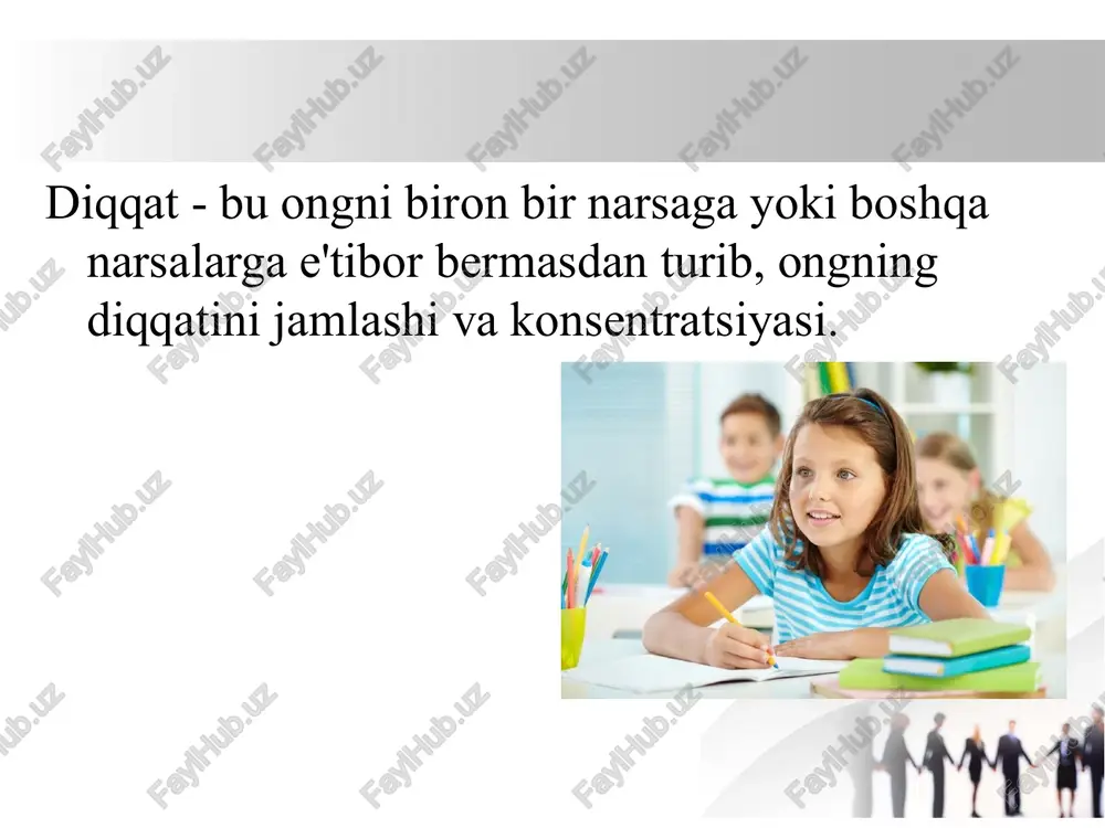 iyat uchun qulay sharoitlar, ya'ni salbiy ta'sir ko'rsatadigan tashqi ogohlantirishlarni istisno qilish (televidenie dasturlari, radioda o'qilgan qiziqarli hikoya, baland musiqa, shovqin). tanish ish sharoitlari qiyinchiliklarning paydo bo'lishi bilvosita manfaatlarning paydo bo'lishi faoliyatning o'zi shaxsni bevosita qiziqtirmasligi mumkin, lekin ular faoliyat natijasiga katta qiziqish bildiradilar. amalga oshirilayotgan faoliyatning aniq maqsadini aniq tushunish. post-ixtiyoriy diqqat ixtiyoriy diqqat asosida, undan keyin paydo bo'ladi. faoliyatning natijasi emas, balki uning mazmuni va jarayoni shaxs uchun qiziqarli va mazmunli bo'lganda, ixtiyoriy e'tibor paydo bo'ladi. faoliyat shaxsni shu qadar o'ziga jalb qiladiki, e'tiborni ushlab turish endi hech qanday ixtiyoriy harakatni talab qilmaydi. 1. diqqatning barqarorligi 2. fokus (kontsentratsiya) 3. o'zgaruvchanlik 4. diqqatni taqsimlash 5. diqqat darajasi diqqatning xususiyatlari diqqat oralig'i - diqqatni ob'ektga, mavzuga yoki faoliyatga uzoq vaqt davomida (vaqt xarakteristikasi) jamlash qobiliyati. diqqat ob'ekt bilan faol va xilma-xil amaliy faoliyat davomida, shuningdek, faol aqliy faoliyat davomida saqlanadi. barqaror e'tibor ijobiy natijalar beradigan faoliyat davomida, ayniqsa, ijobiy …