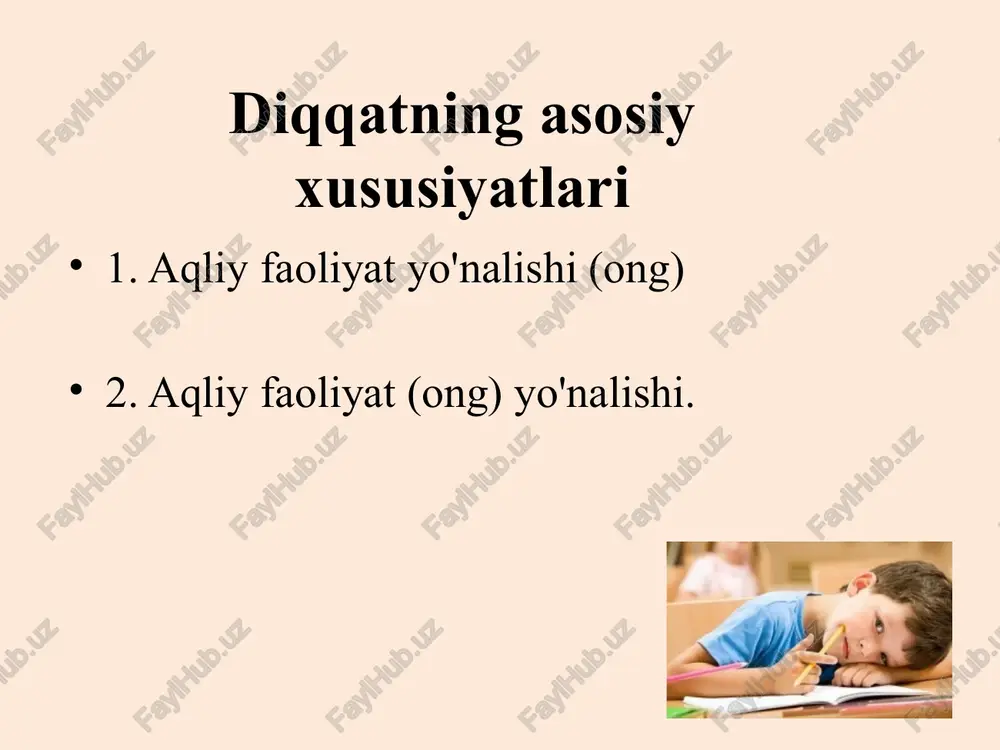 ananing jismoniy va fiziologik holatidagi o'zgarishlar bilan birga keladi. harakat e'tiborni fiziologik jihatdan qo'llab-quvvatlaydi va kuchaytiradi. kimni "diqqat bilan tinglovchi" deb ta'riflash mumkin? p. ya. galperinning diqqat tushunchasi (diqqat nazorat sifatida) 1. diqqat izlanish va izlanish faoliyatining bir tomonidir. 2. diqqatning birlamchi vazifasi - harakat mazmunini, aqliy tasvirni va hokazolarni nazorat qilish. 3. diqqat alohida natijaga ega emas. 4. diqqat mustaqil harakat sifatida harakat faqat aqliy emas, balki qisqartirilgan holda ham paydo bo'ladi. 5. agar diqqat psixik nazorat faoliyati deb hisoblansa, barcha aniq diqqat harakatlari yangi psixik harakatlarning shakllanishi natijasidir. 6. ixtiyoriy diqqat - tizimli ravishda bajariladigan diqqat. diqqat tushunchasi d. n. uznadze (diqqat va munosabat) diqqat to'g'ridan-to'g'ri fikrlash bilan bog'liq. ruhiy munosabat e'tibor holatini ichki ifodalaydi. tafakkurning ta'siri ostida haqiqatning tasviri (taassurotlari) aniqlanadi. bu tasvir (taassurot) diqqat ob'ektiga aylanadi. diqqat jarayoni ob'ektivlashtirish deb ataladi. diqqatning asosiy turlari ixtiyoriy diqqatning sabablari birinchi guruh sabablar tashqi qo'zg'atuvchining tabiati bilan bog'liq: diqqat …