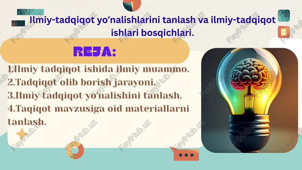 shatib beradi. 4.mavzu ilmiy yo‘nalishiga mos bo‘lishi kerak. bu ilmiy jamoa malakasi va vakolatidan eng to‘liq ravishda foydalanishga imkon beradi. natijada ishlanmaning nazariy darajasi, sifati va iqtisodiy samarasi oshadi, tadqiqotning bajarilish muddati qisqaradi. ilmiy tadqiqot mavzusiga bir qator talablar qo‘yiladi: muammoni izlash muammoni izlash va tanlab olishda ularning yechish uchun boʻlishi mumkin boʻlgan natijalarini amaliyotning talablari bir nechta savollarga javob berish bilan tasdiqlanadi. muammoni qoʻyish muammoni toʻgʻri qoʻyish, maqsadni aniq ifodalash, tadqiqot chegarasini aniqlash va shu bilan tadqiqot obʼektini belgilash oddiygina ish emas va har qaysi konkret hol uchun individualdir. muammo qoʻyishning maʼlum umumiyligiga ega boʻlgan asosiy qoidalari mavjud. muammoni yoyish ilmiy yoki ilmiy texnikaviy muammoni bir karrali akt sifatida koʻrish mumkin emas. muammoning yechimi koʻpincha uning yoyilishi bilan mos keladi, yaʼni qoʻshimcha savollarning paydo boʻlishi va ifodalanishi bilan. ee ee pare er ereteeee t aeeeee se a thank you