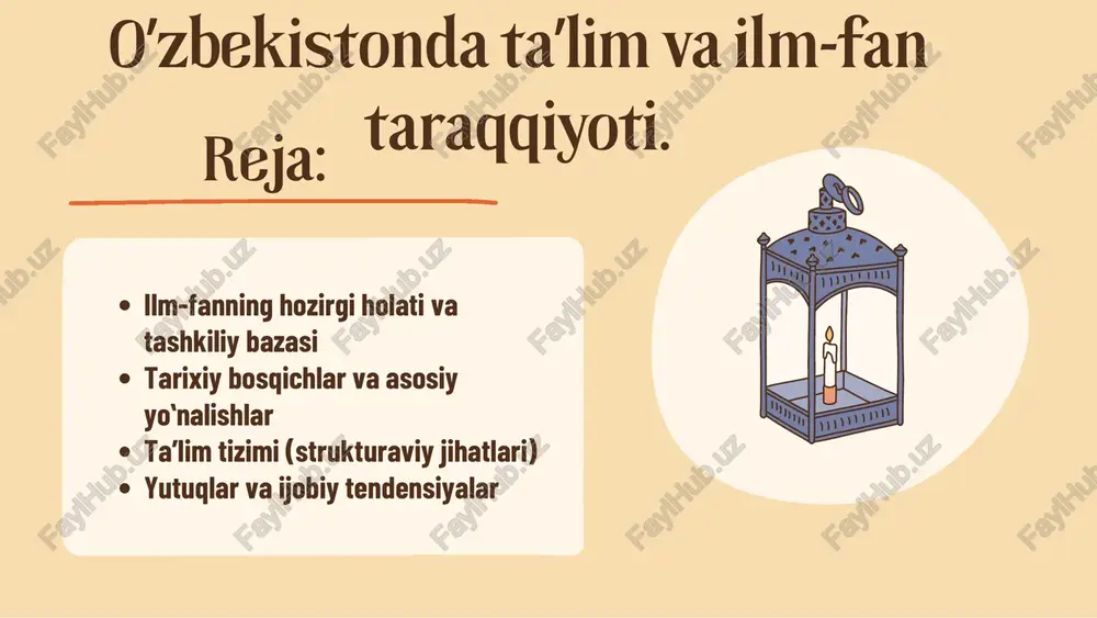 allari va xalqaro hamkorlik dasturlari kengaydi; taʼlim muassasalari oʻz faoliyatini jahon standartlariga moslashtirishga harakat qilyapti. 1 2 3 - ilmiy tadqiqotlar asosiy eʼtiborni qoʻllab‑quvvatlash siyosati, grant tizimi va universitetlarda ilmiy laboratoriyalar tashkil etilishi orqali ragʻbatlantirilmoqda. - milliy ilmiy tashkilotlar (ilmiy akademiya va ilmiy markazlar), universitetlar va xususiy innovatsion markazlar ilm‑fan tizimini tashkil etadi. - amaliy yoʻnalishga (agrobiologiya, energetika, axborot texnologiyalari, tibbiyot va boshqalar) qaratilgan tadqiqotlar va startaplarni qoʻllab‑quvvatlash dasturlari kengaymoqda. ilm‑fanning hozirgi holati va tashkiliy bazasi excerpt: - taʼlimga ommaviy kirish va qamrov oshdi; qishloq hududlarida maktablar, maktabgacha muassasalar va kasb‑taʼlim markazlari barpo etilmoqda. - raqamli taʼlim platformalari, elektron darsliklar va masofaviy oʻqitish imkoniyatlari rivojlandi, bu covid‑19 pandemiyasi davrida oʻqitish jarayonini davom ettirishda muhim rol oʻynadi. - oʻqituvchilarning malakasini oshirish, xorijiy hamkorlikdagi ilmiy loyihalar, iqtidorli yoshlarga stipendiya va grantlar orqali yosh tadqiqotchilarni ragʻbatlantirish amalga oshirilmoqda. - universitetlar va tadbirkorlik oʻrtasida hamkorlik, ilmiy natijalarni tijoratlashtirishga qaratilgan tashabbuslar paydo boʻlyapti (innovatsion maydonchalar, …